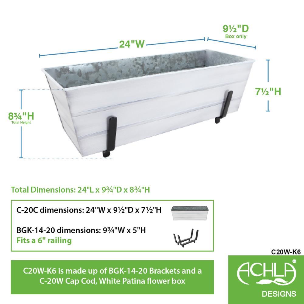 24" Medium Galvanized Steel Rectangular Box Planter with Brackets for 2 x 6 Railings Cape Cod White - ACHLA Designs: Wall-Mountable, Easy to Clean