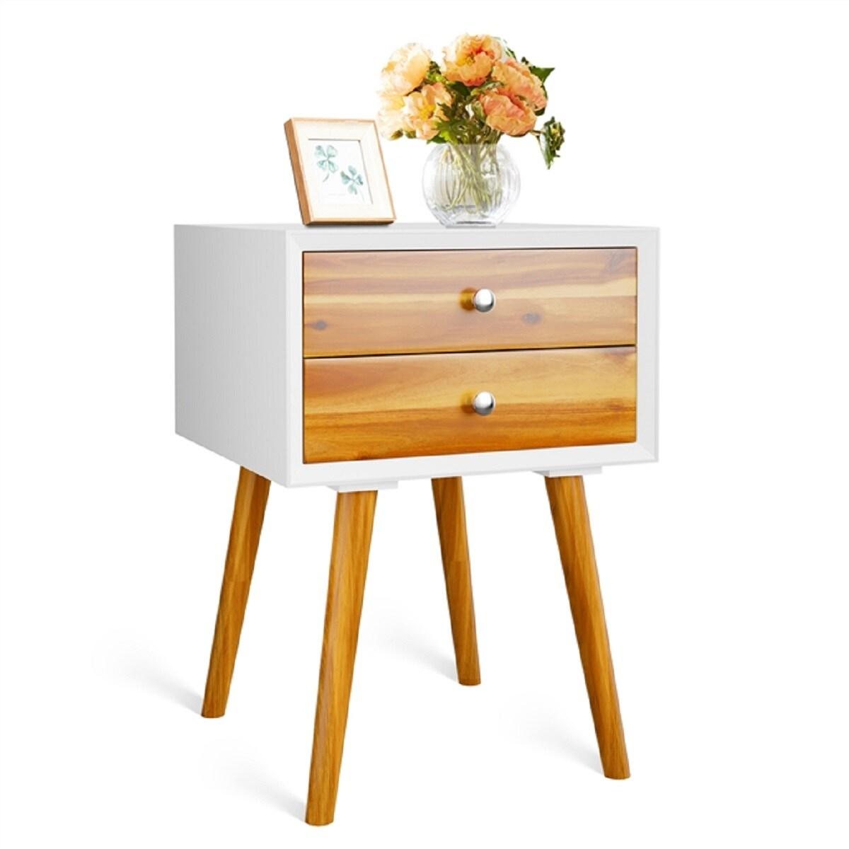 Giantex Mid Century Modern Nightstand, Wooden Bedside Tables w/ 2 Storage Drawers & Solid Wood Legs, Practical End Side Table for Living Room Bedroom, White & Walnut