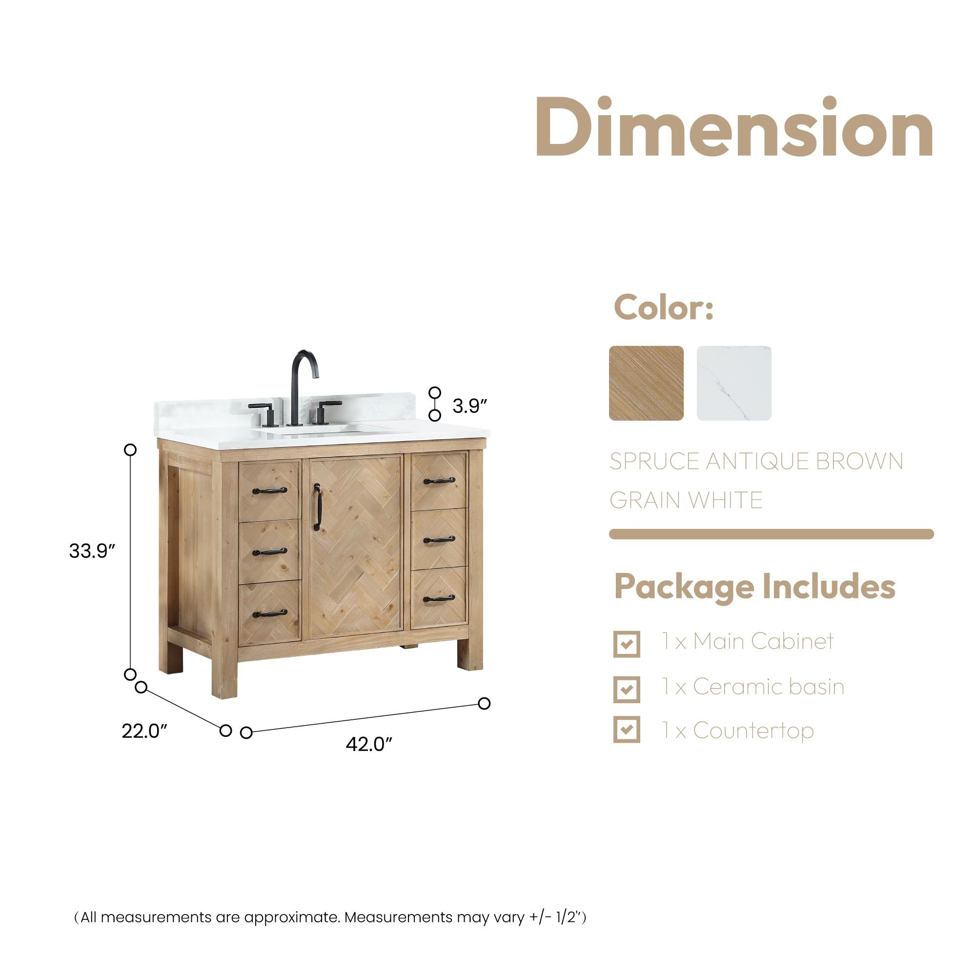 Javier 42" Bath Vanity in Spruce Antique Brown with White Grain Composite Stone