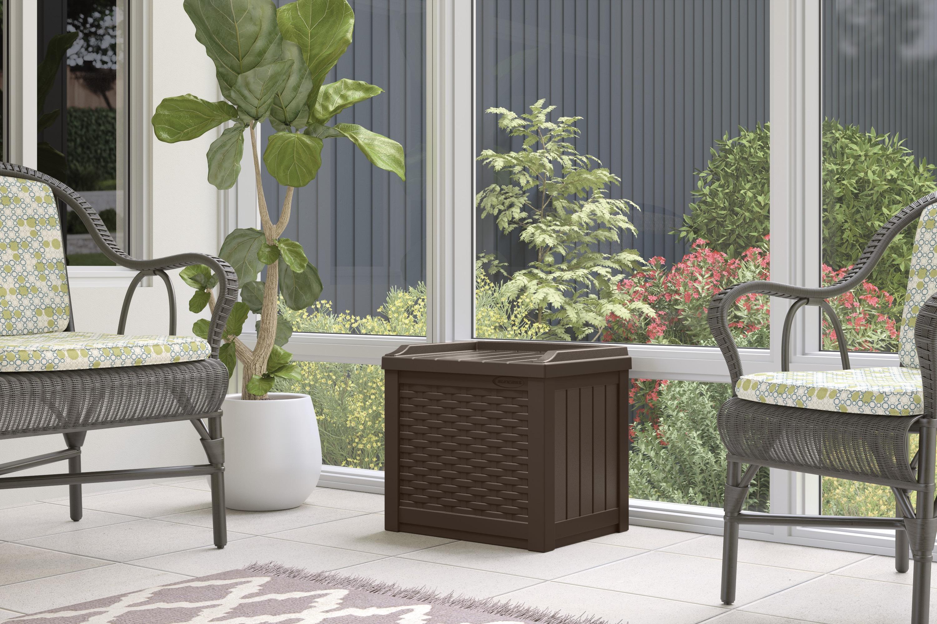 Suncast Suncast Wicker 22 Gallon Water Resistant Resin Deck Box with Storage Seat in Java