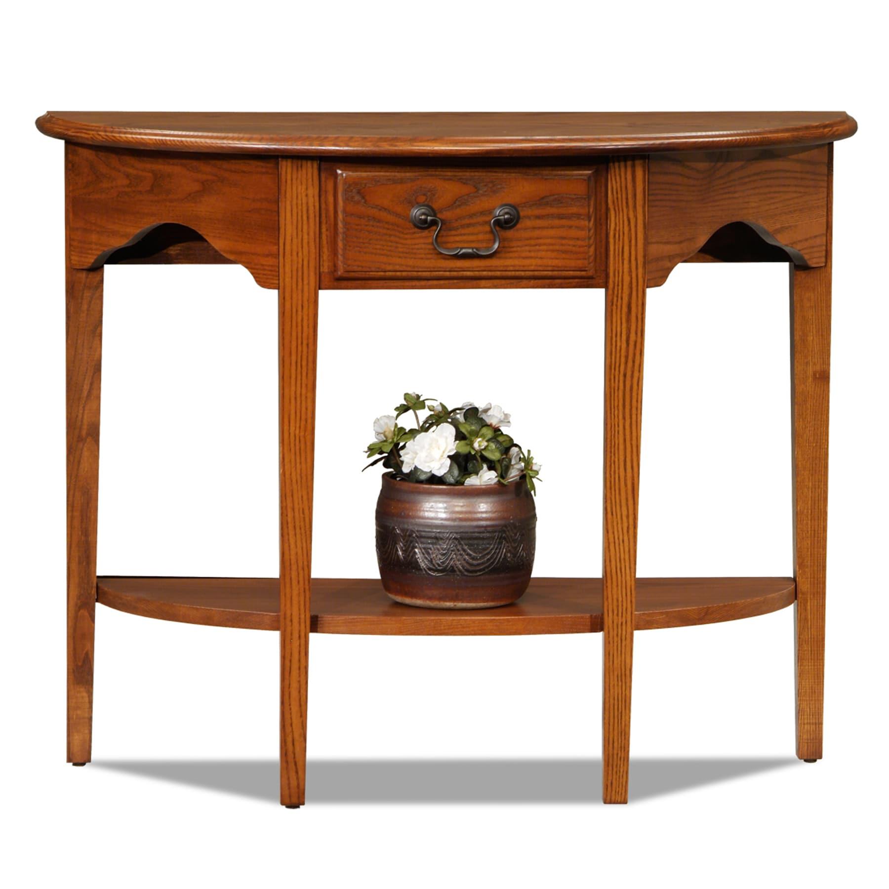 Leick Home 9036-MED One Drawer Demilune Hall Console with Shelf, Medium Oak