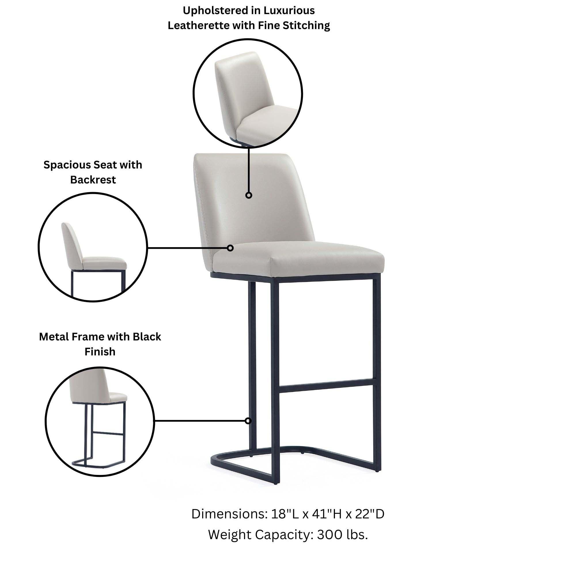 Manhattan Comfort Serena Leatherette Upholstered Metal Barstool Light Gray: Sled Base, Padded Back, Fixed Height 29.13"