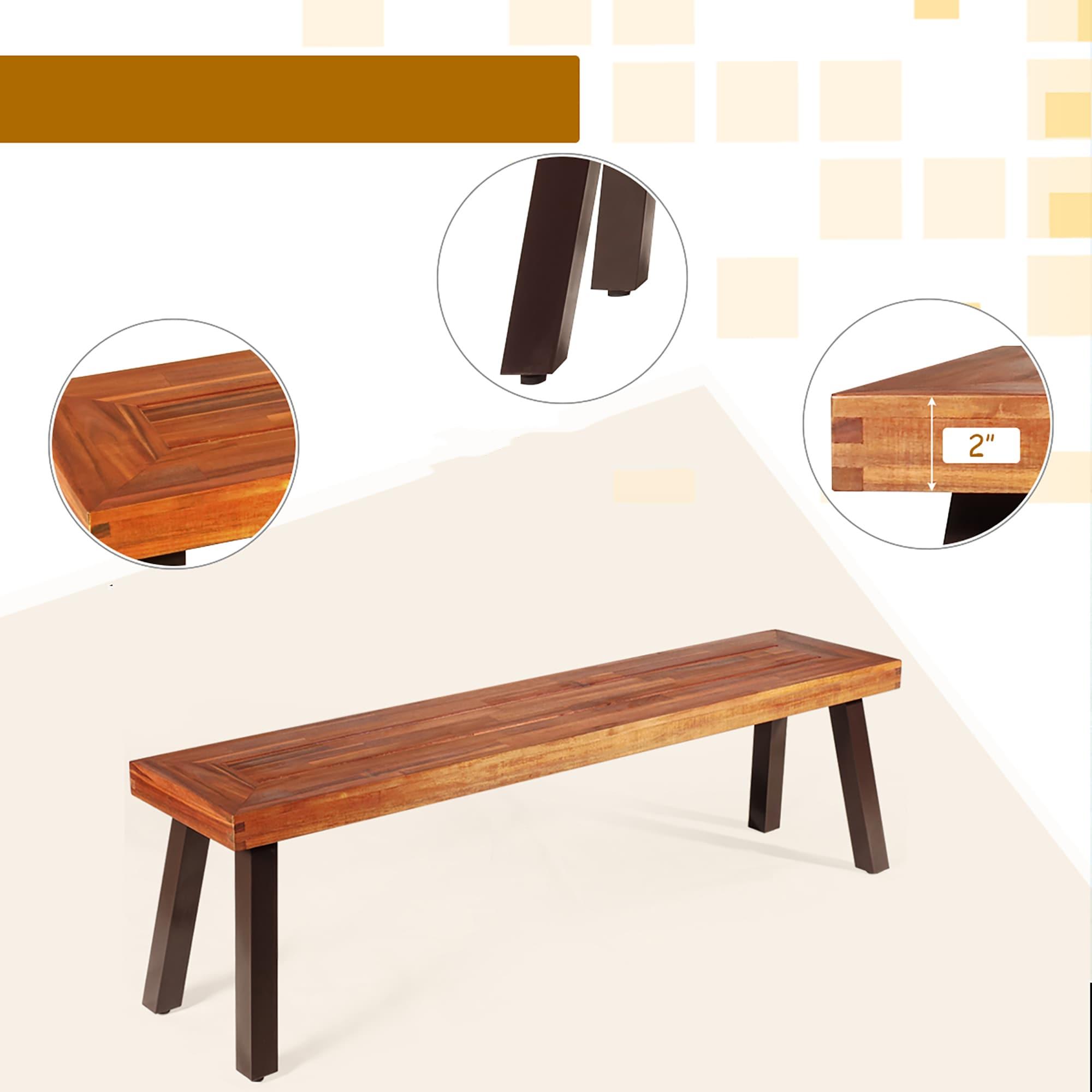 Costway Set of 2 Patio Acacia Wood Dining Bench with Rustic Steel Legs Outdoor Indoor