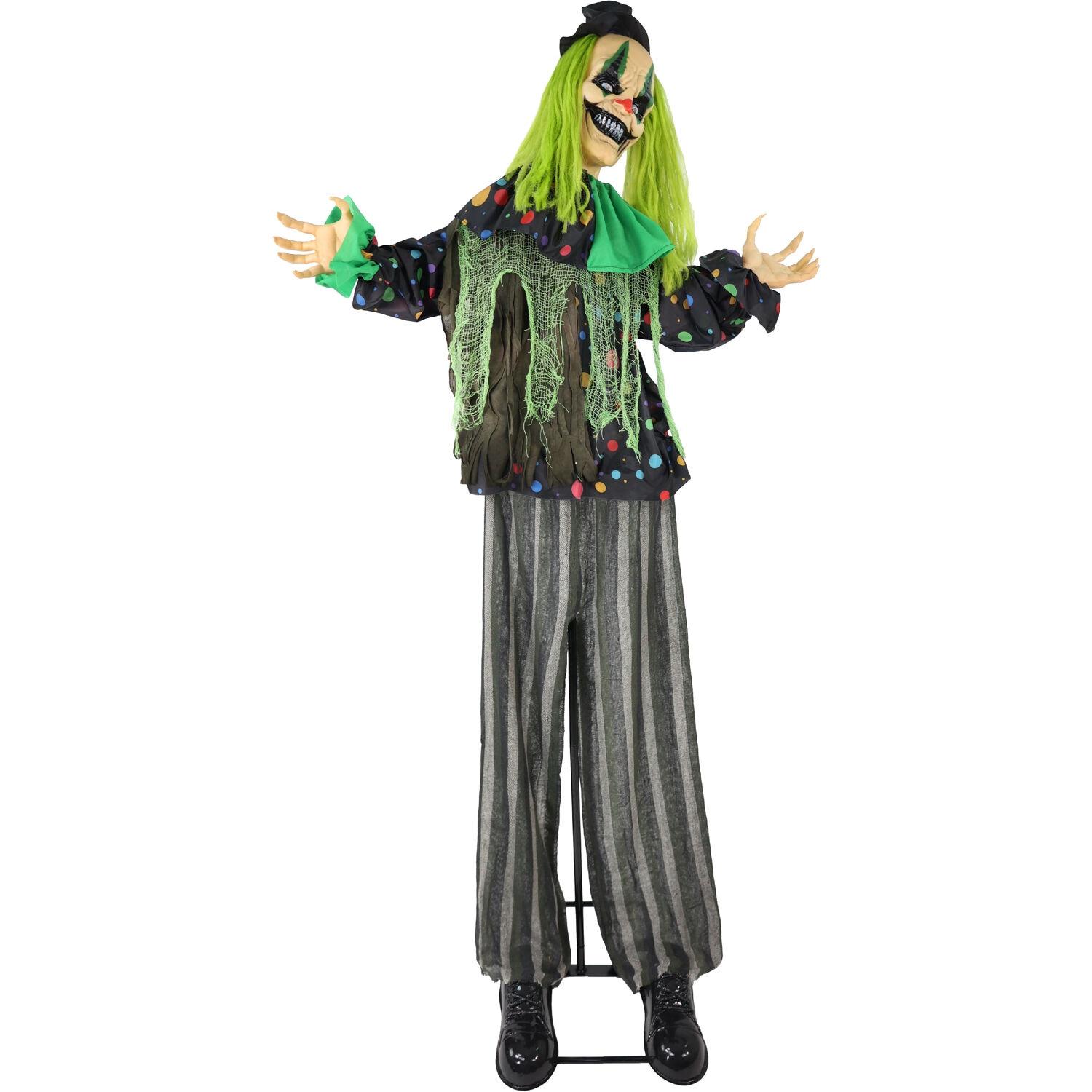 Haunted Hill Farm Lifesize Animatronic Clown with Lights and Sound, Indoor/Covered Outdoor Halloween Decoration