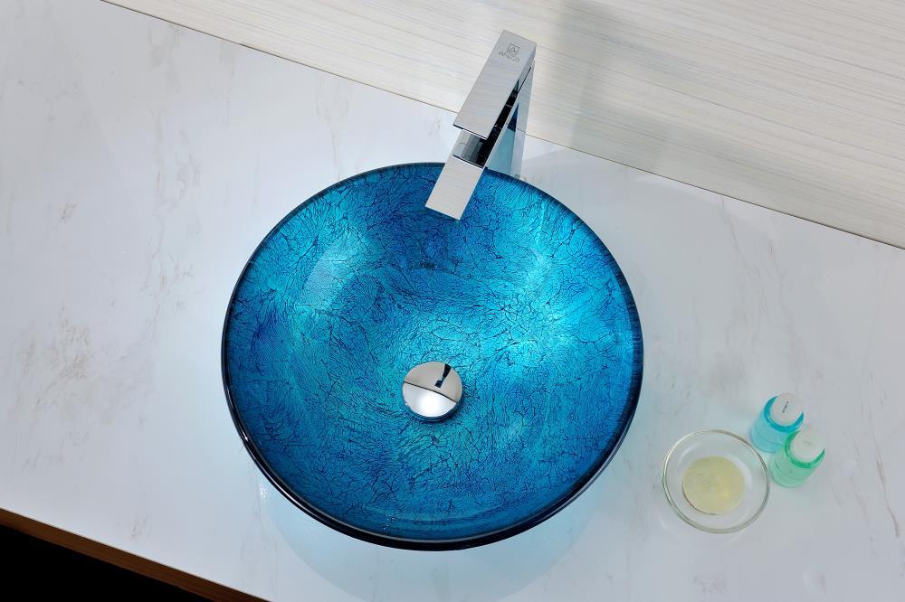 ANZZI Accent 16.5'' Blue Tempered Glass Circular Bathroom Sink