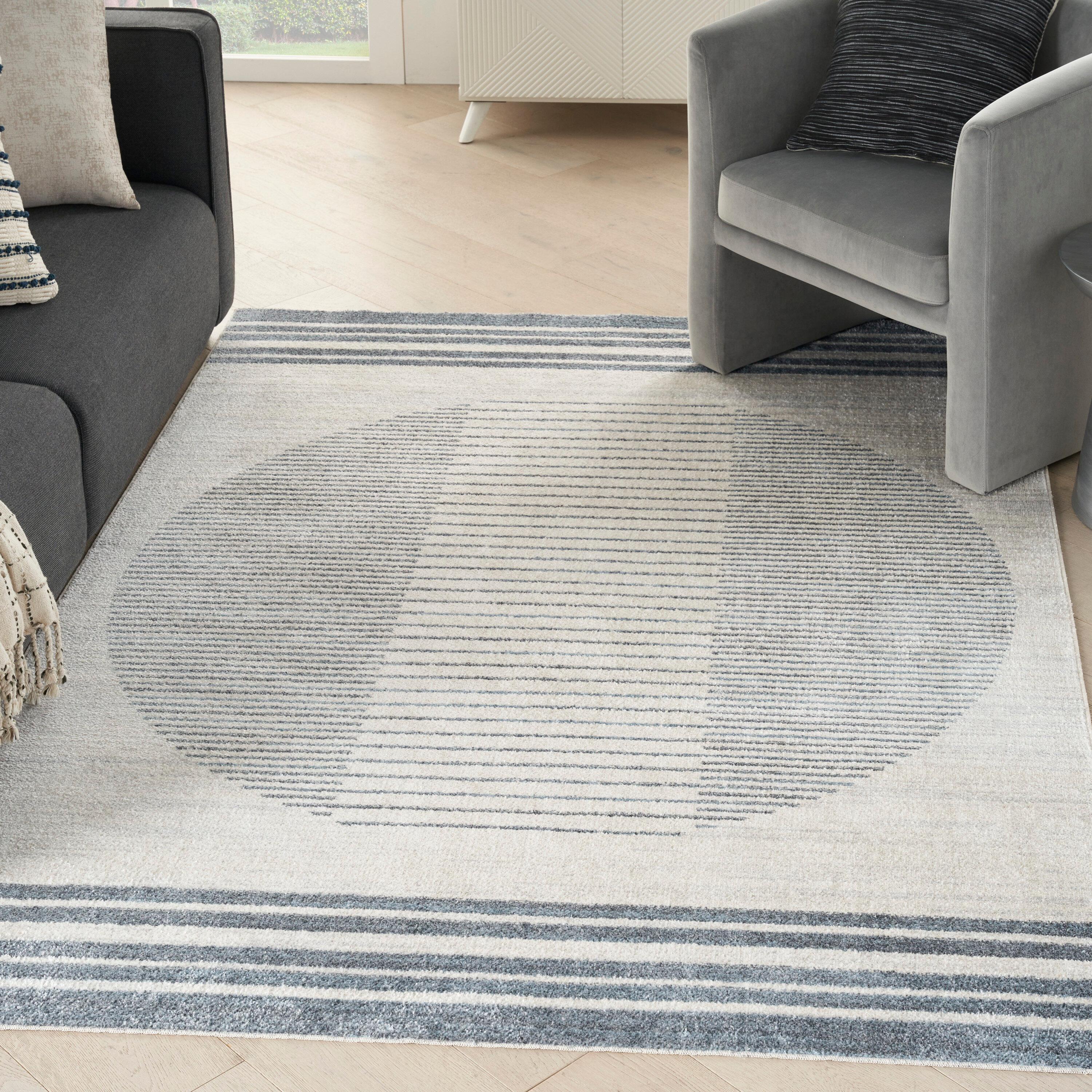 Nourison Astra Machine Washable Stripe Circle Mid-Century Modern Indoor Rug Ivory Blue 5'3" x 7'