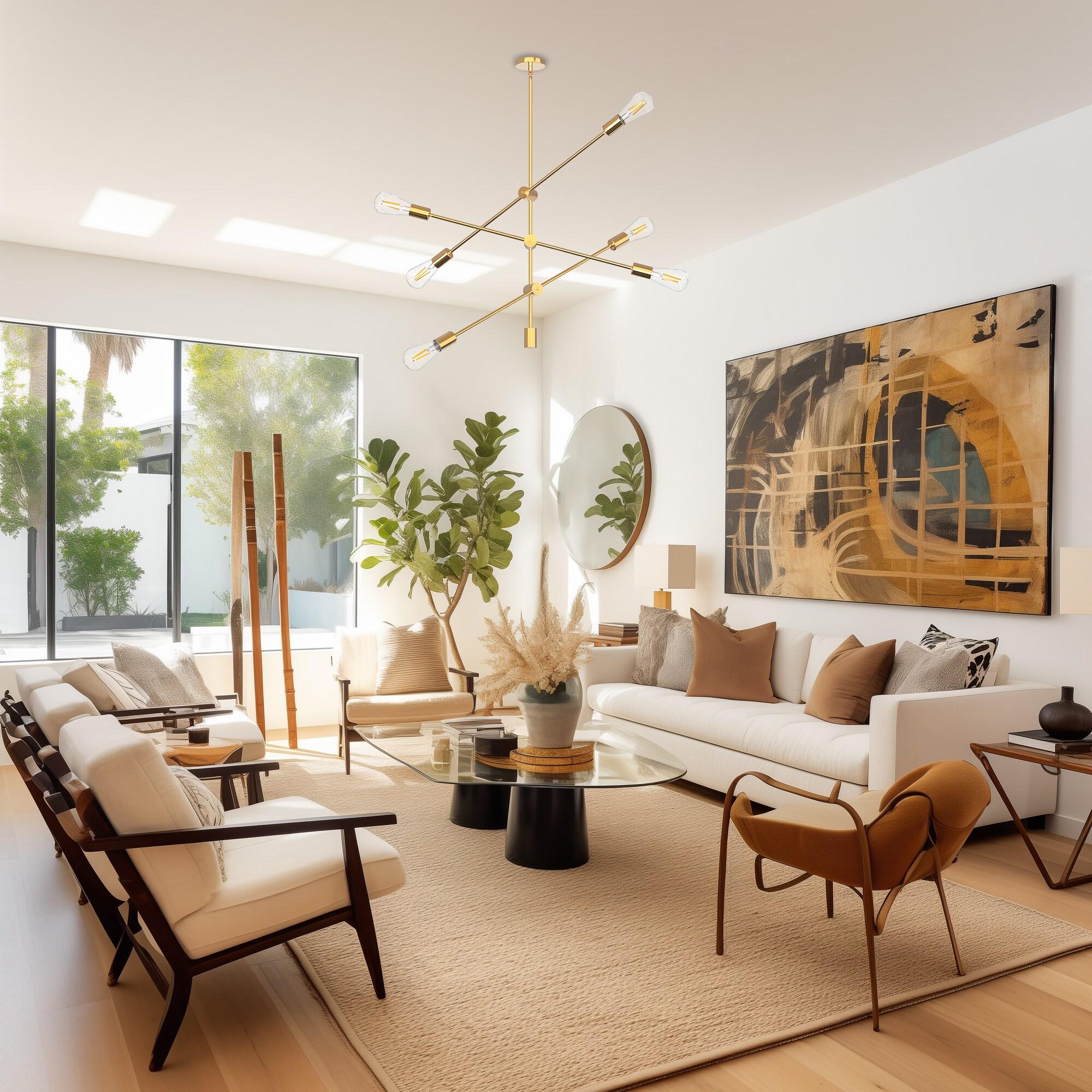 6 Light Sputnik-Inspired Chandelier,Gold Modern Chandelier Pendant Lighting for Kitchen Island Bedroom Living Room