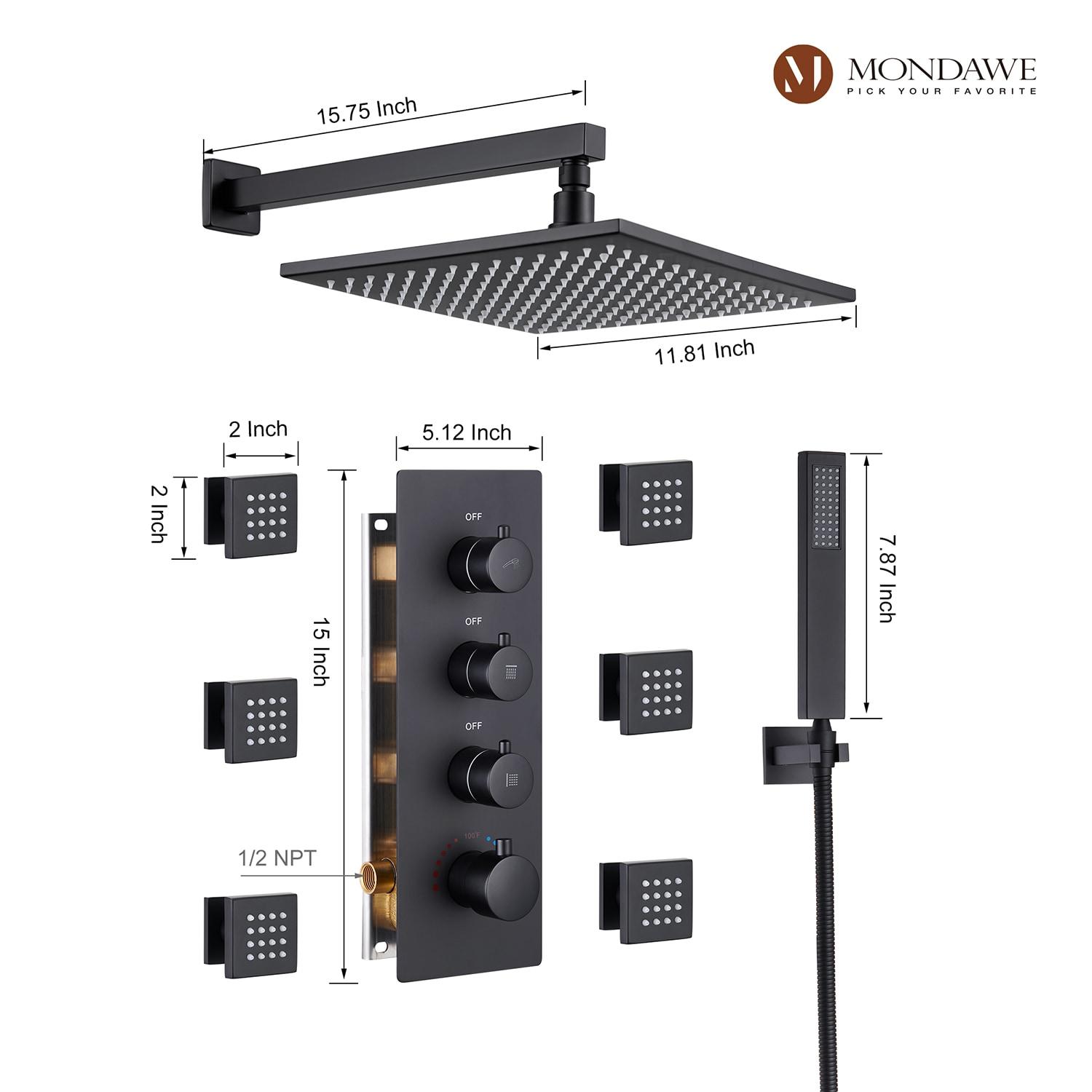 Rainfall Symphony 12inch 3-Function Dual Shower Head Thermostatic Shower System with 3 Sprays Handheld