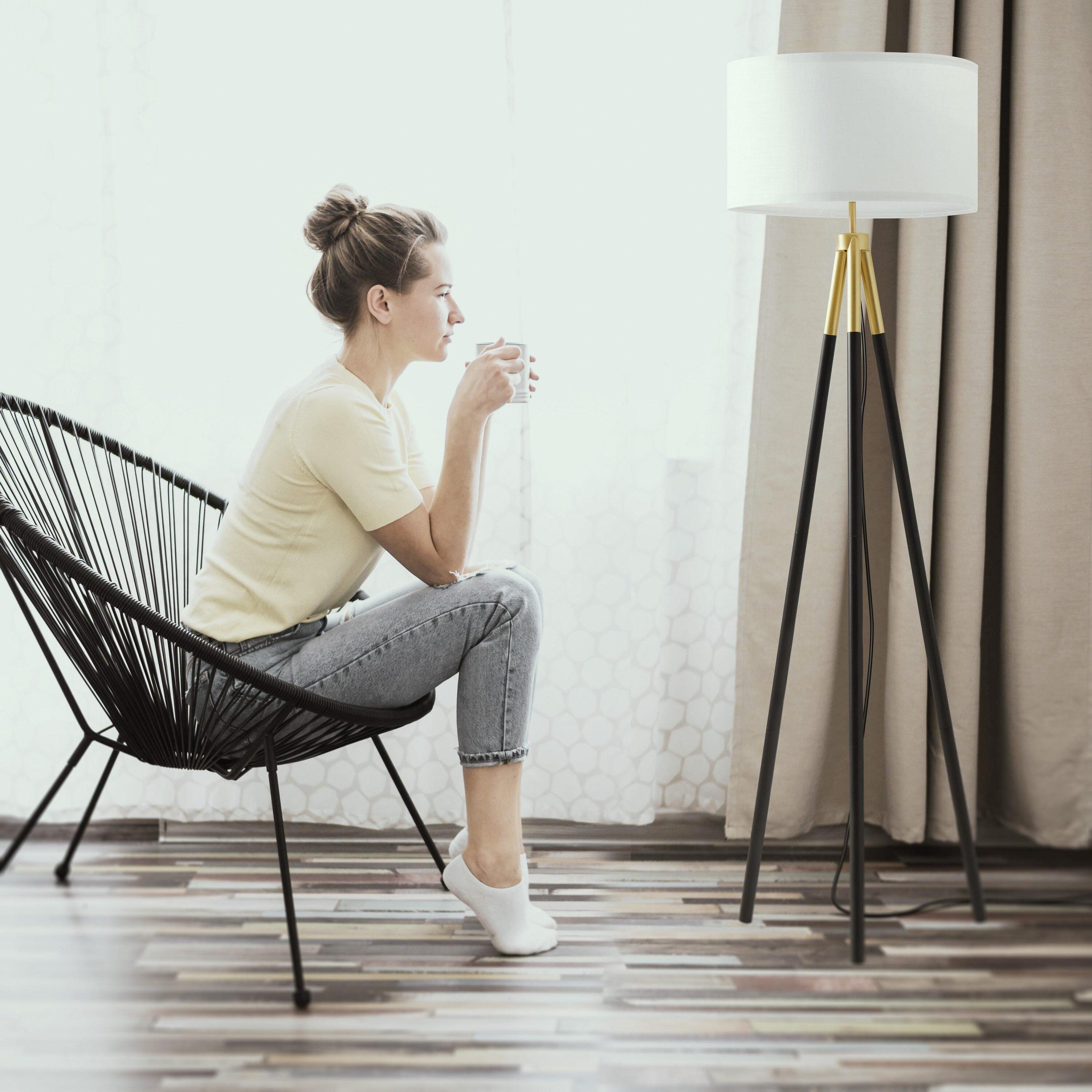 Brightech Levi 61 in. Mid Century Modern Tripod Floor Lamp with Fabric Drum Shade and Gold Finish - LED Bulb Included