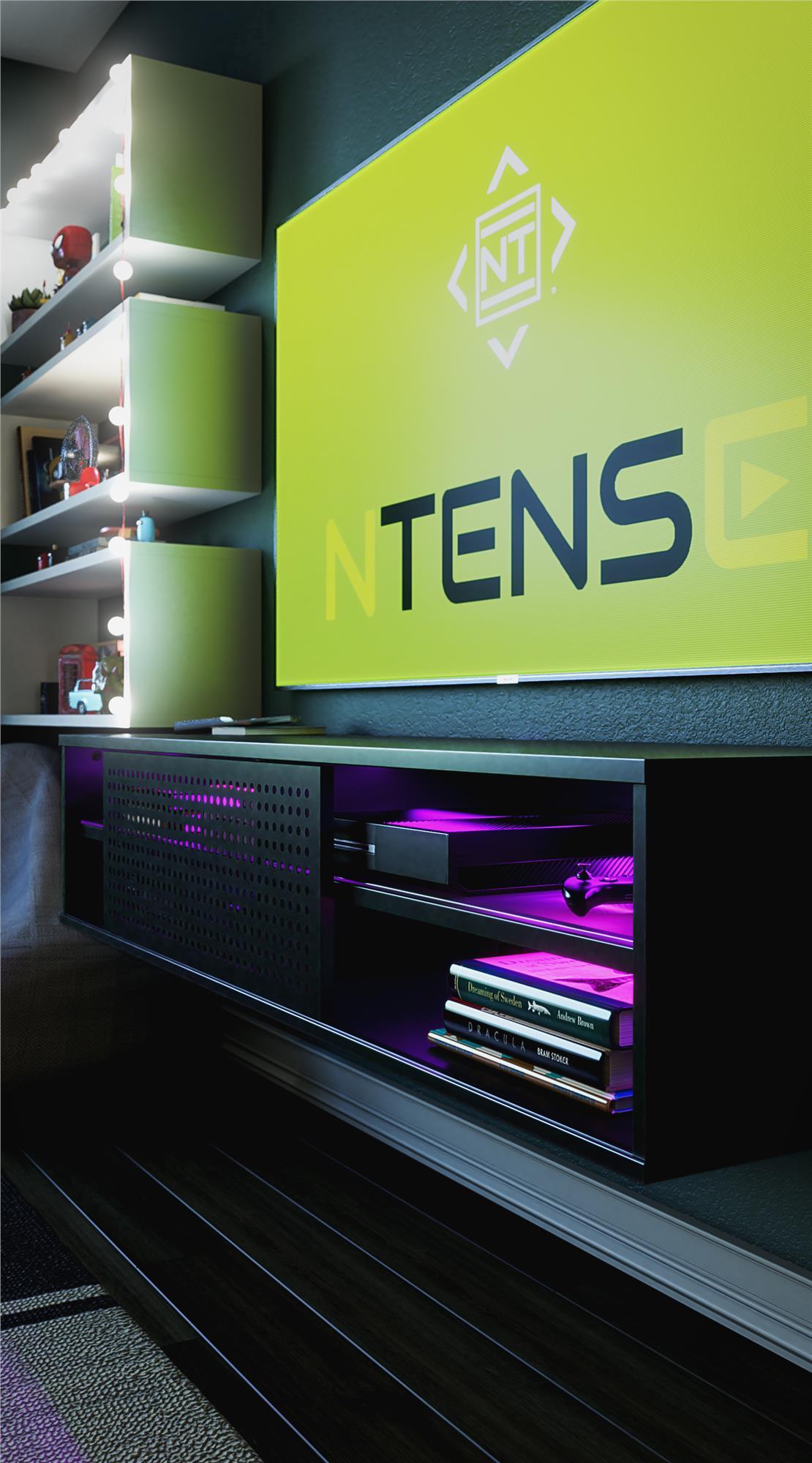 Glitch Floating TV Stand for TVs up to 60" Black - NTENSE: Modern Media Console, MDF Construction