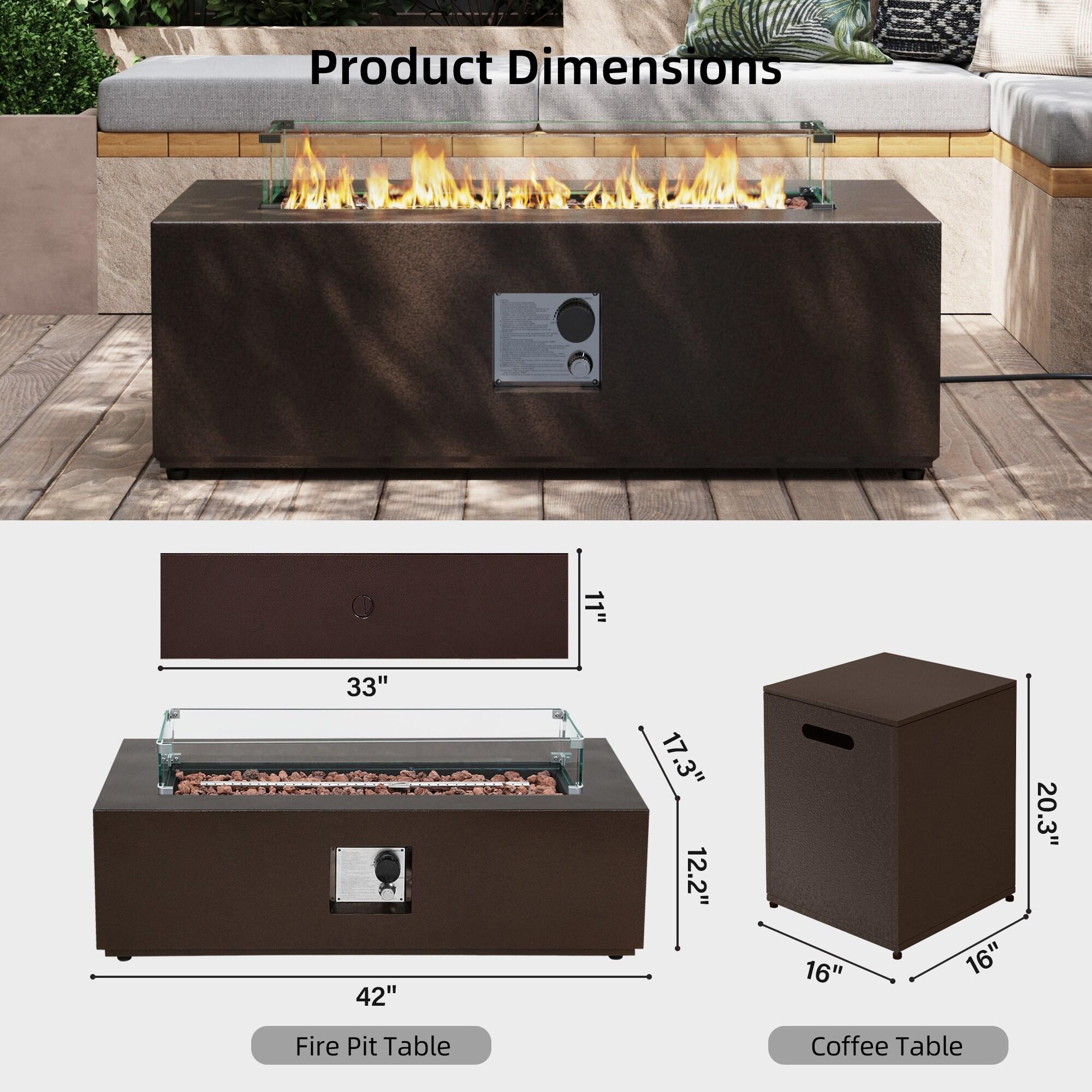 UPHA 42-inch Outdoor Propane Rectangle Fire Pit Table 50000 BTU Iron Gas FirePit for Outside Patio with Tank Cover, Removable Lid, Lava Rocks, Rain Cover, Brown