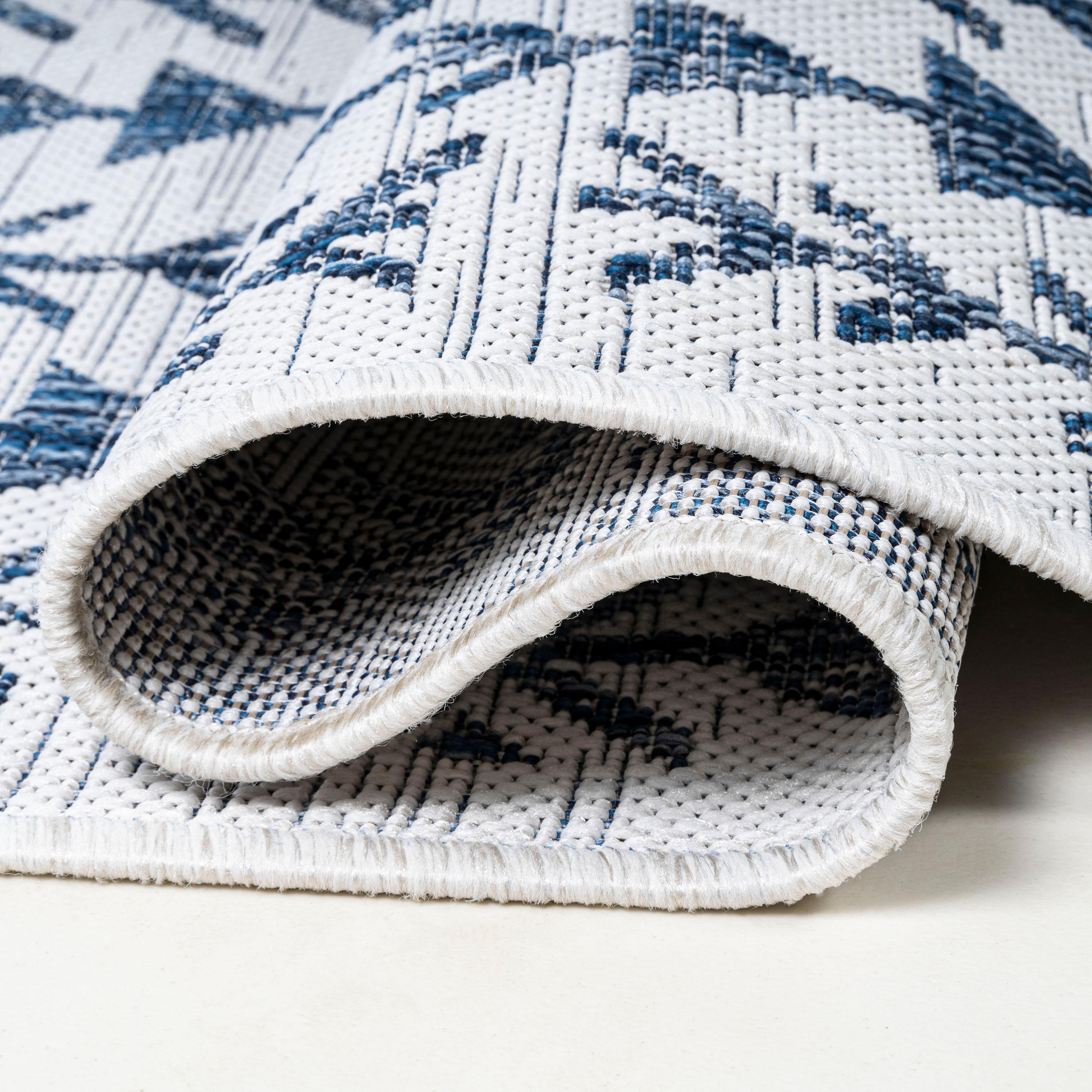 2'x8' Tokay Bohemian Styled Geometric Indoor/Outdoor Runner Rug, Ivory/Blue - JONATHAN Y