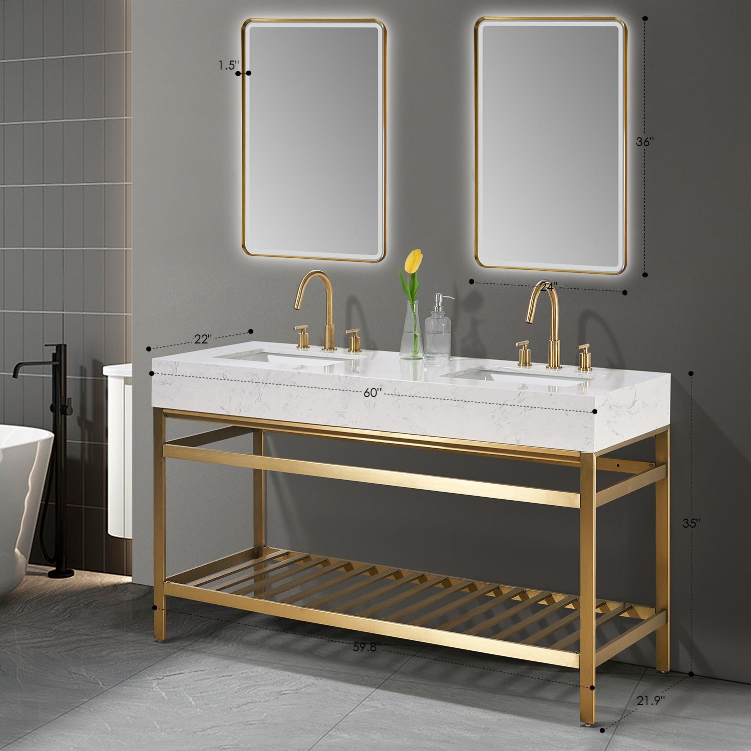 Merano 60" Double Stainless Steel Vanity Console in Brushed Gold with Aosta White Stone Countertop without Mirror