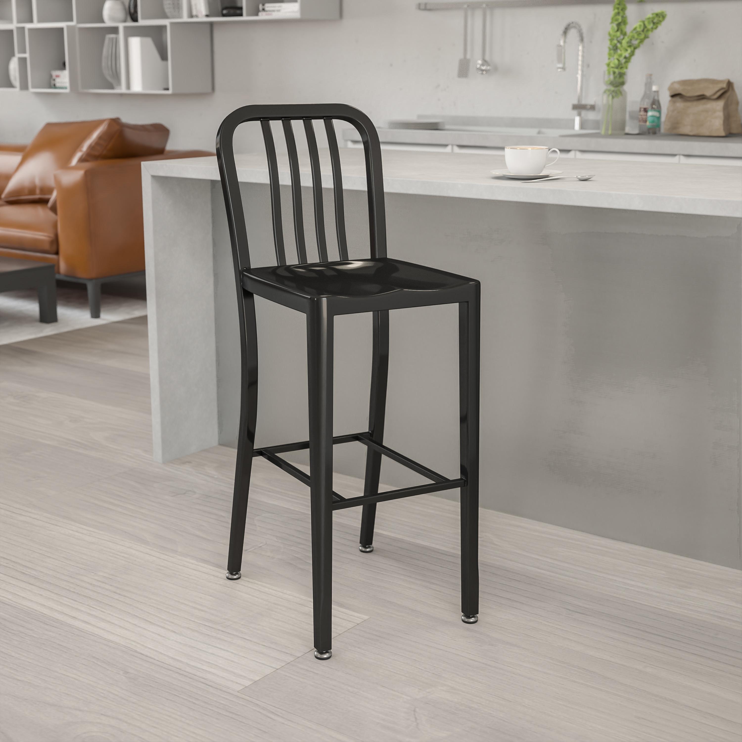 Flash Furniture Commercial Grade 30" High Black Metal Indoor-Outdoor Barstool with Vertical Slat Back