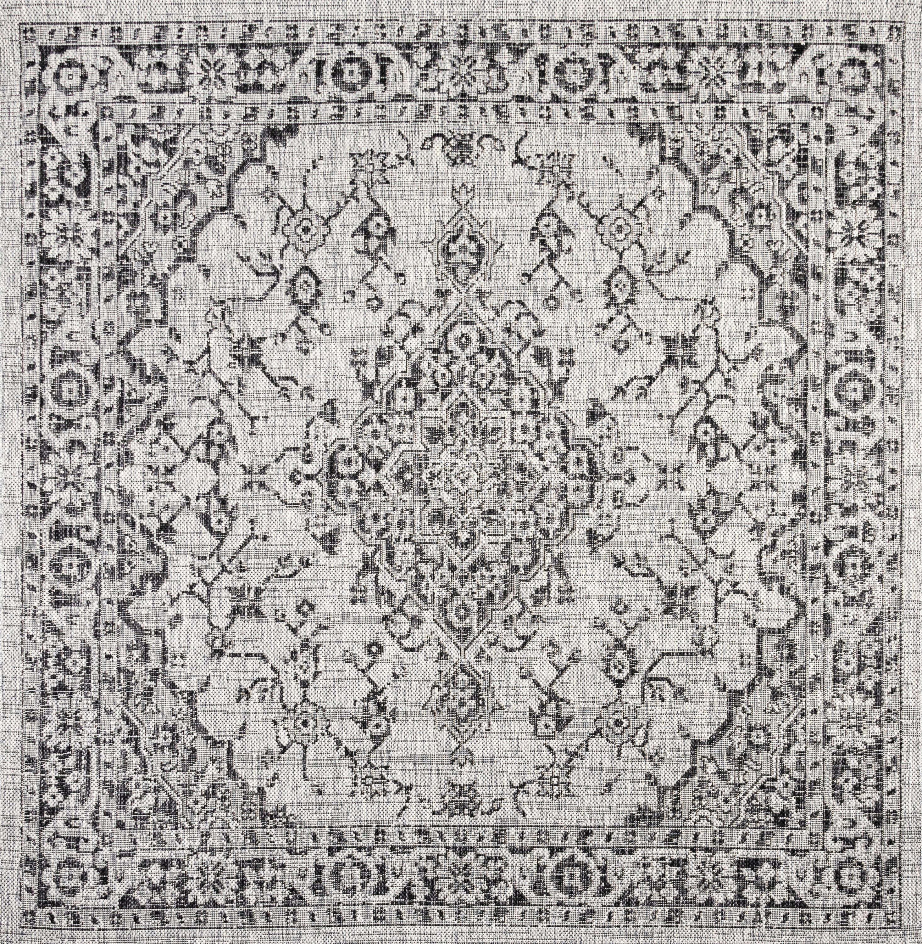5' Square Rozetta Boho Medallion Textured Weave Indoor/Outdoor Area Rug, Gray/Black - JONATHAN Y