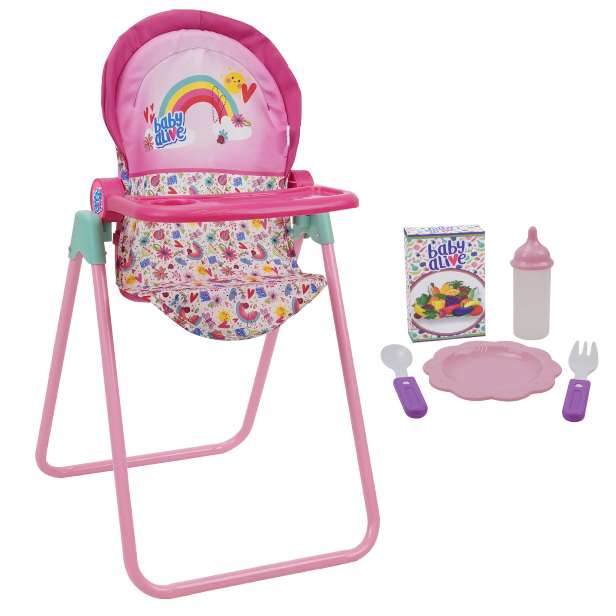 Baby Alive Doll Highchair Set - Pink & Rainbow - 6 Pieces, Fits Dolls Up to 24"