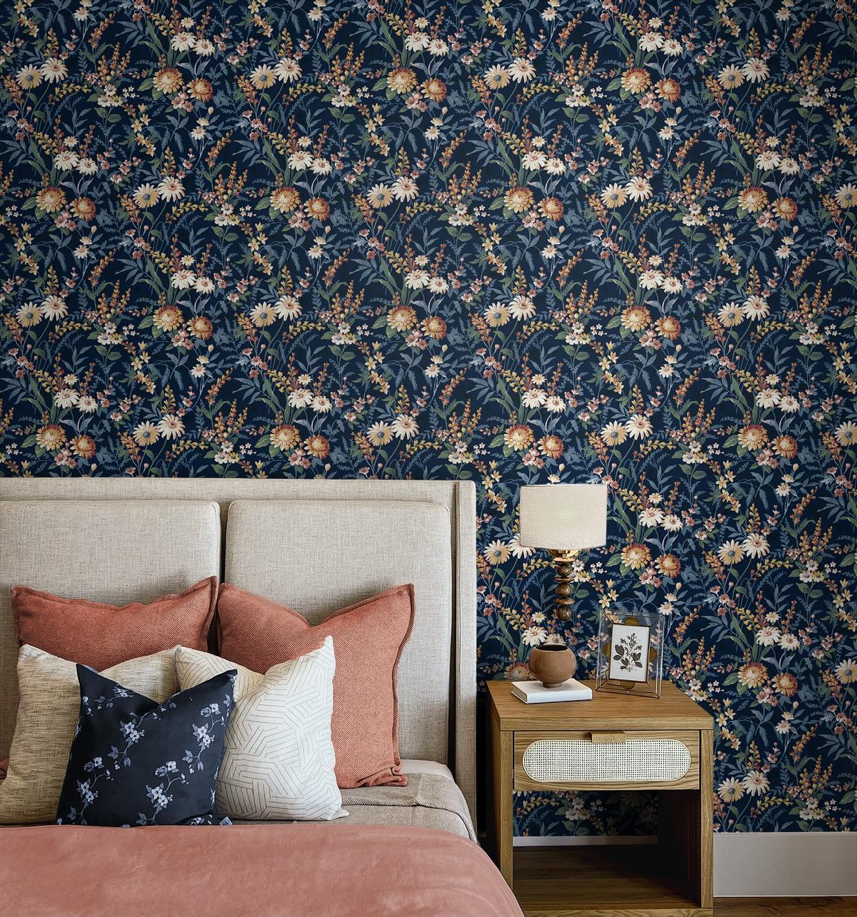 NextWall  Vintage Floral Peel and Stick Wallpaper 20.5 in. W x 18 ft. L - Navy Blue