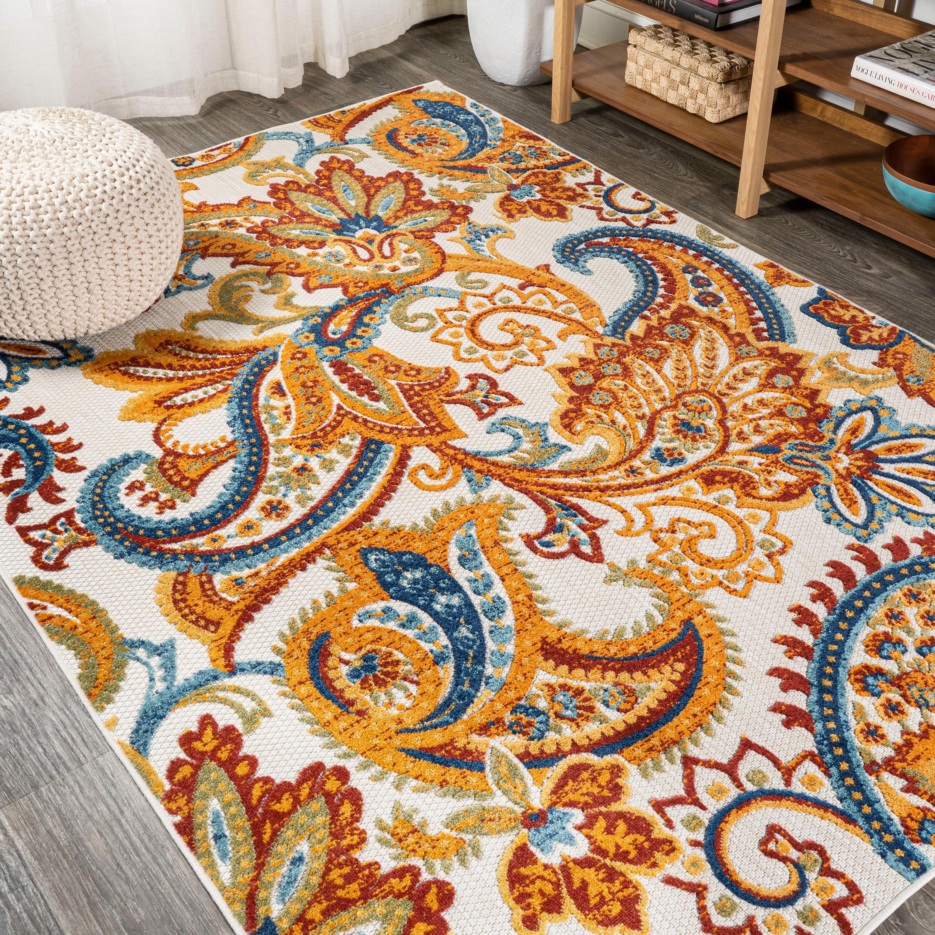 3'x5' Gordes Paisley High-Low Indoor/Outdoor Area Rug, Orange/Multi - JONATHAN Y