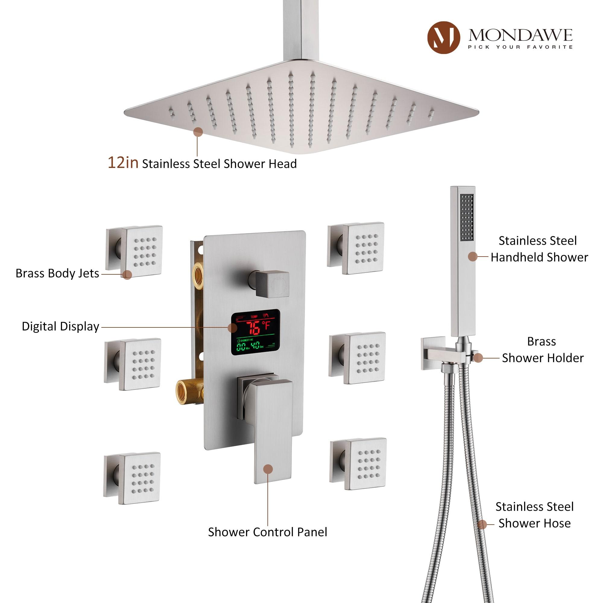 LED Display 3 Spray Patterns 12in. Ceiling Mount Fixed and Handheld Shower Head in Brushed Nickel 2.5 GPM Valve Included