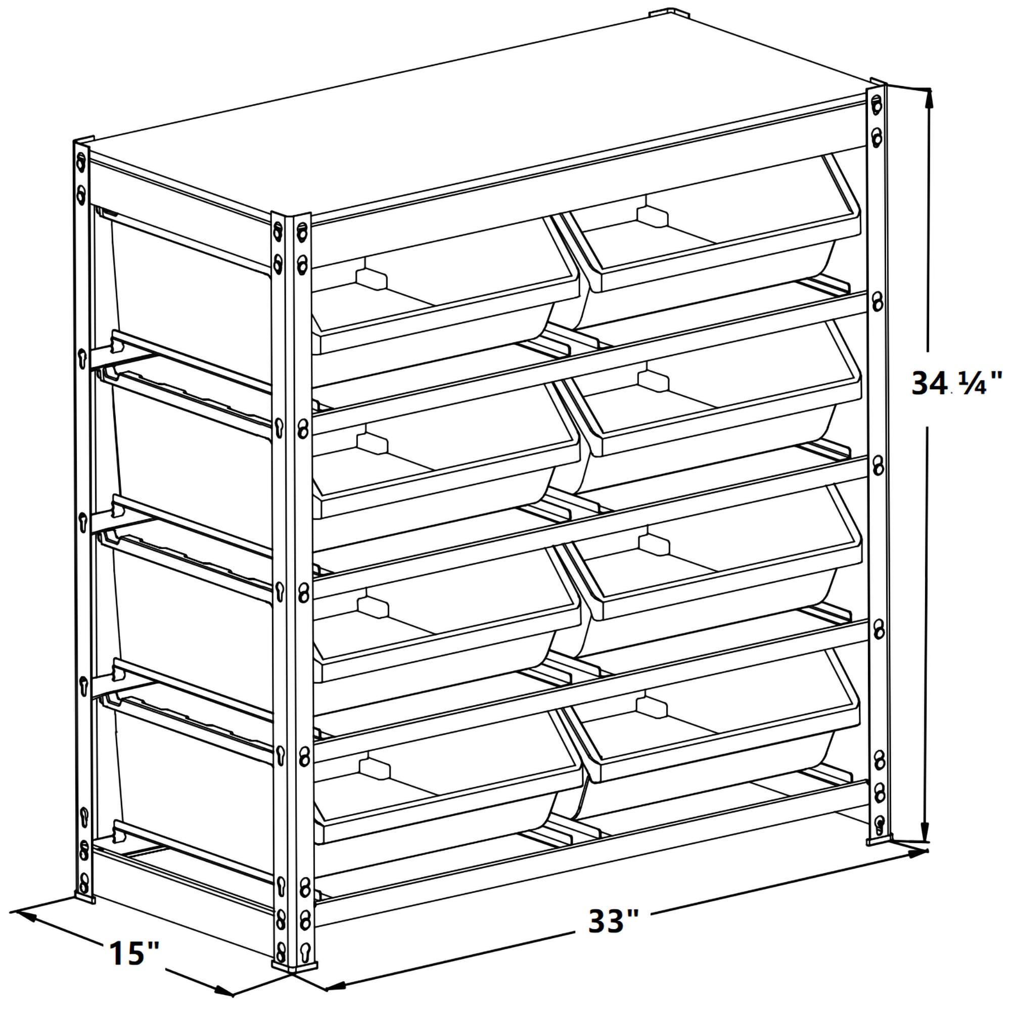 Bin Rack, Shelving Unit with Durable Construction for Easy Organization of Parts and Tools, Boltless Steel Storage System Organizer with 8 Plastic Bins in 4 tiers, Use in Store, Garage,Grey