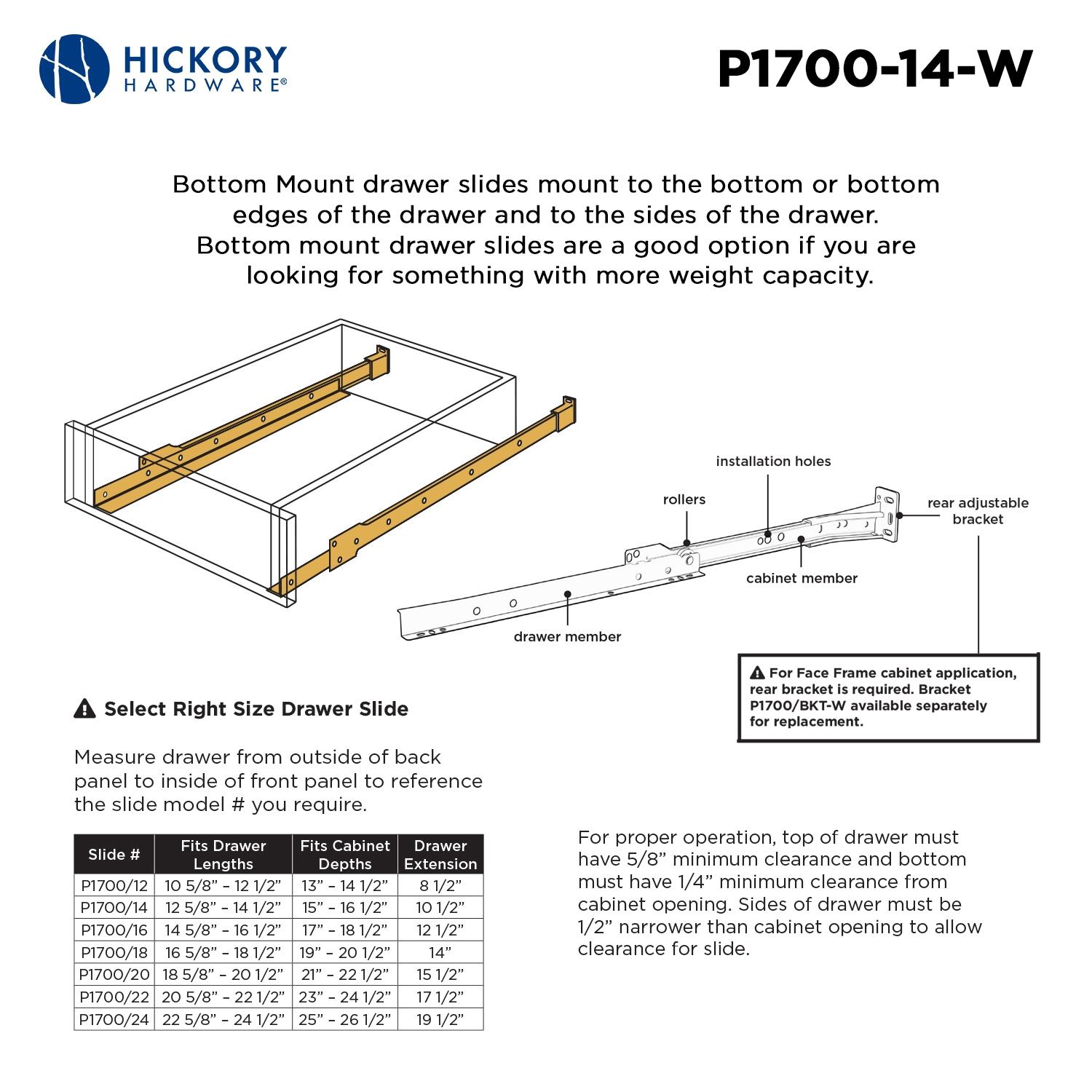 Drawer Slide Bottom Mount 3/4 Extension White Finish