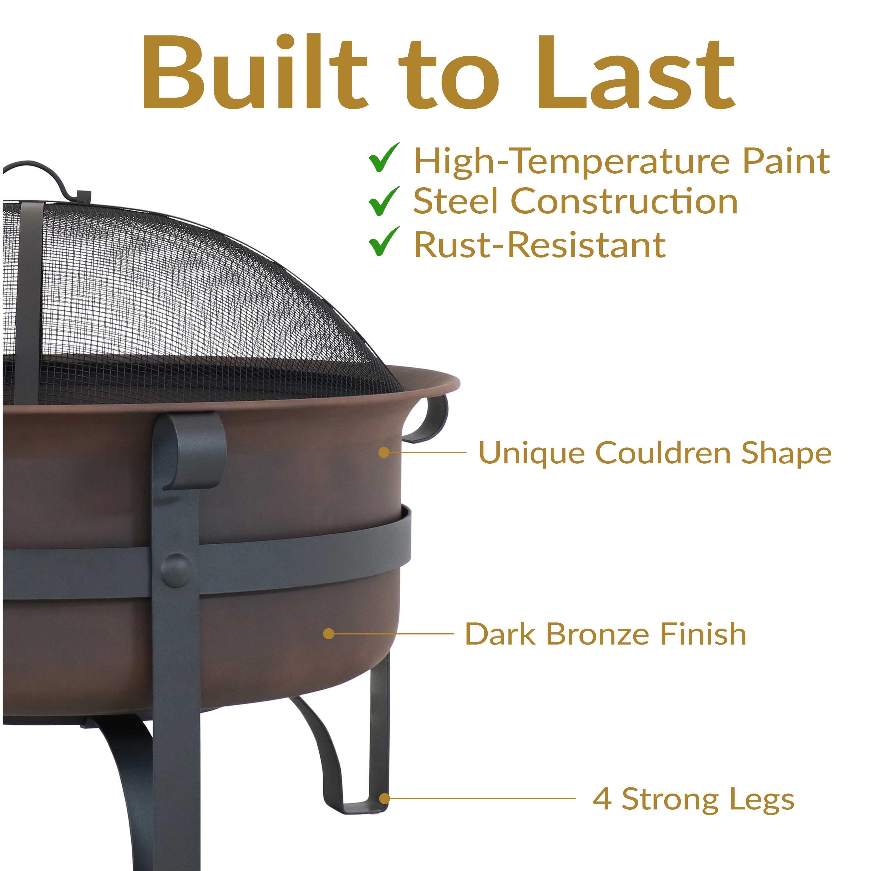 Sunnydaze Outdoor Camping or Backyard Large Round Cauldron Fire Pit Bowl with Log Poker and Spark Screen - 29"