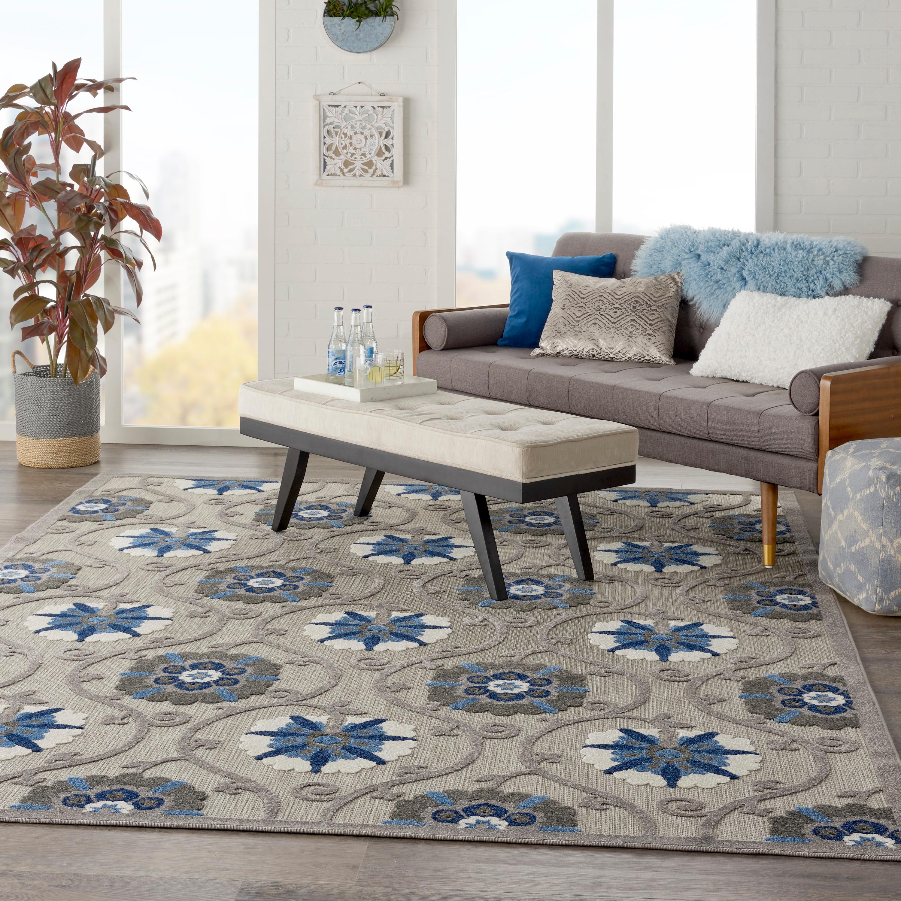 Nourison Aloha Contemporary Floral Flatweave High-Low Indoor Outdoor Area Rug Grey/Blue 7'10" x 10'6"