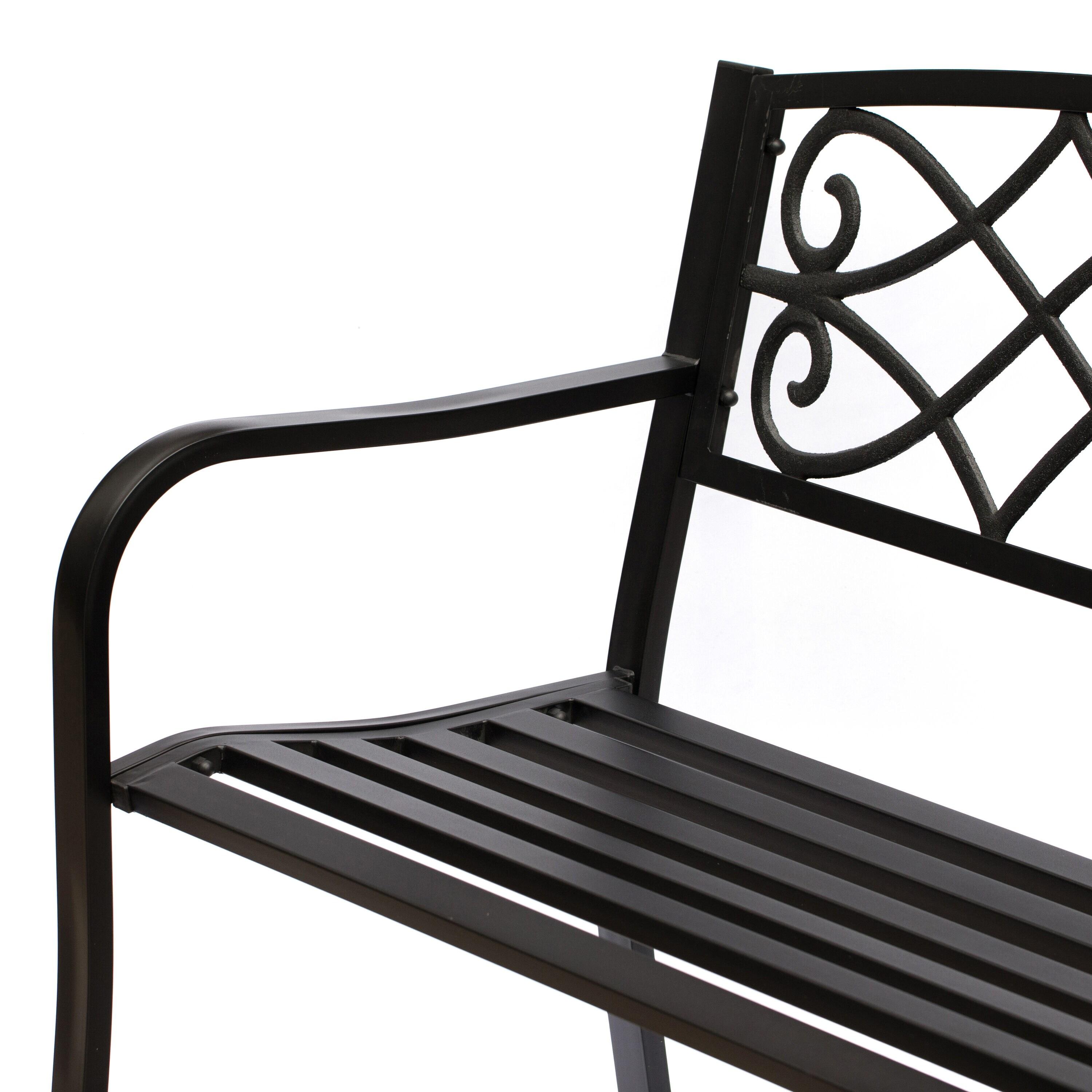 Outdoor Garden Patio Steel Park Bench Lawn Decor with Cast Iron Unique Design Back, Black Seating Bench for Yard, Patio, Garden, Balcony, and Deck