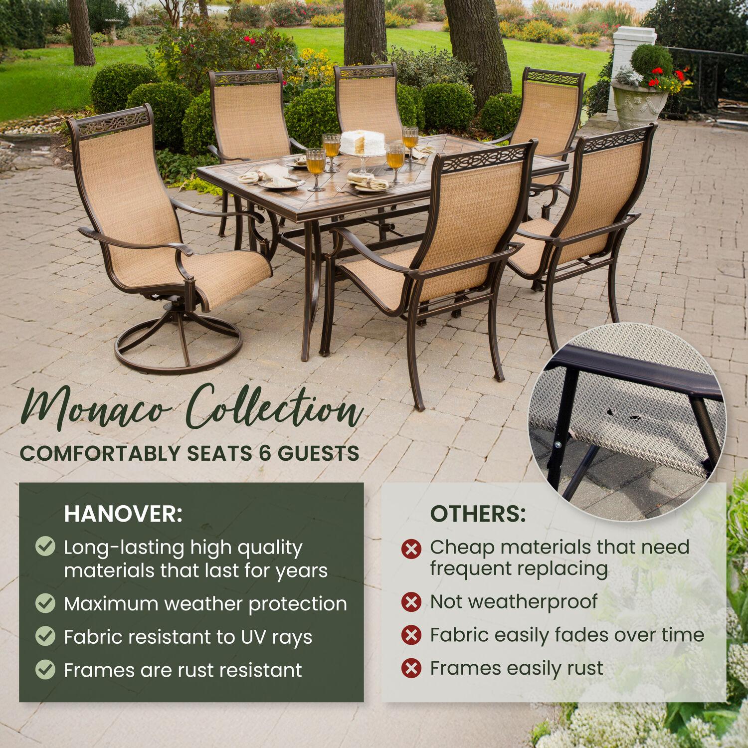 Hanover Monaco 7-Piece Outdoor Patio Dining Set with 4 PVC Sling Dining Chairs, 2 Swivel Rockers, and 40" x 68" Porcelain Tile Rectangular Dining Table | MONACO7PCSW