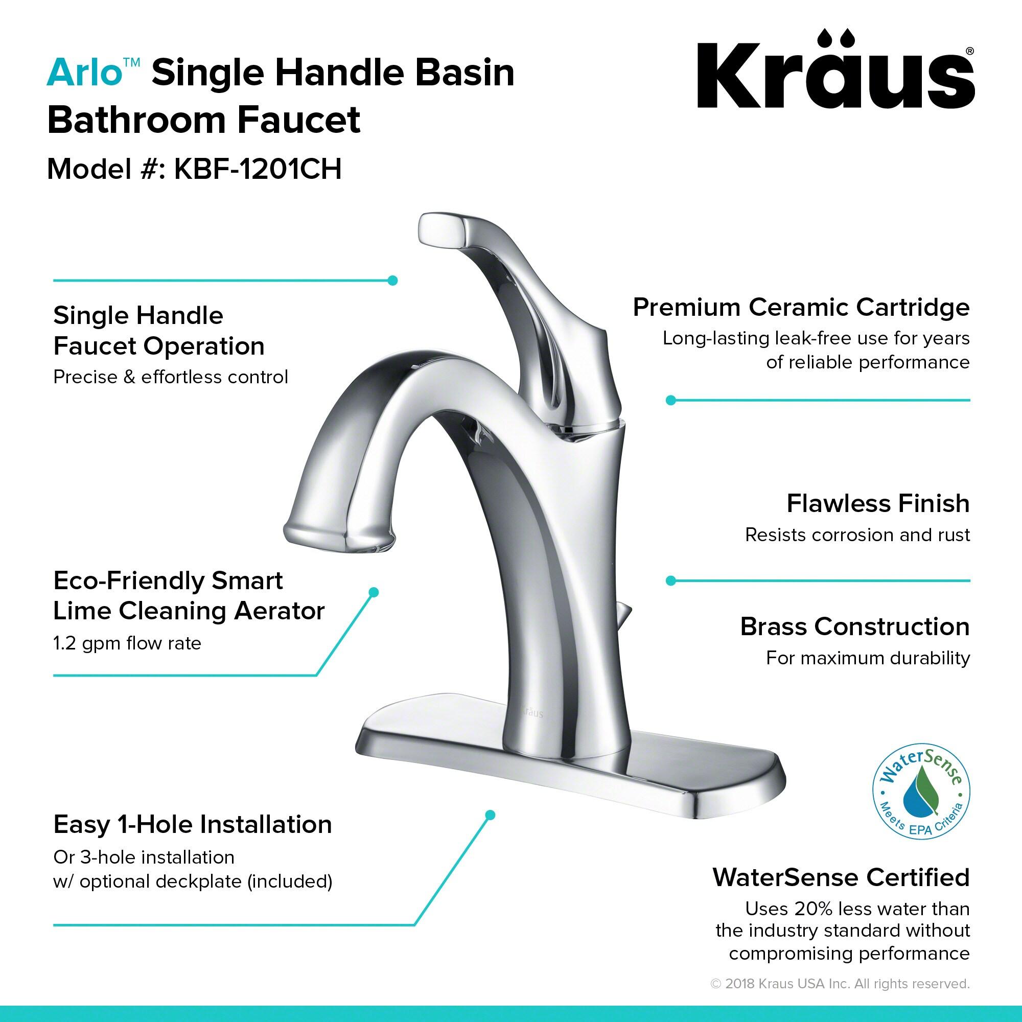 Kraus Arlo Single Hole 1-Handle WaterSense Bathroom Sink Faucet with Drain and Deck Plate