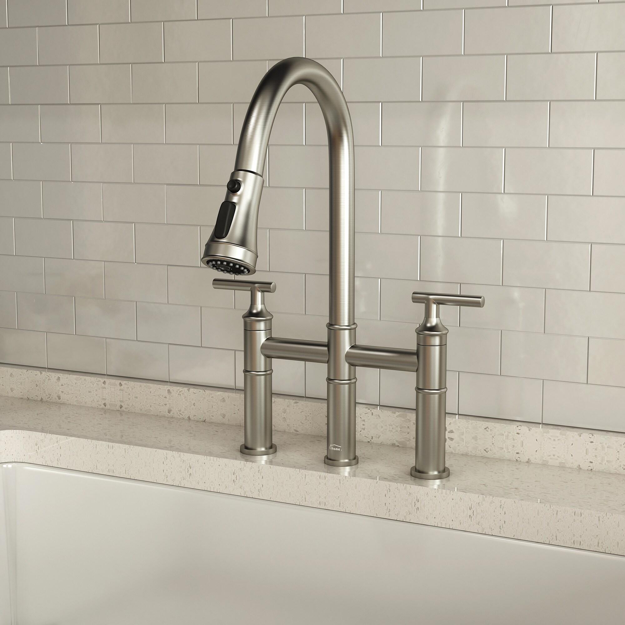 Brushed Nickel Double Handle Bridge Kitchen Faucet with Pull-Out Spray