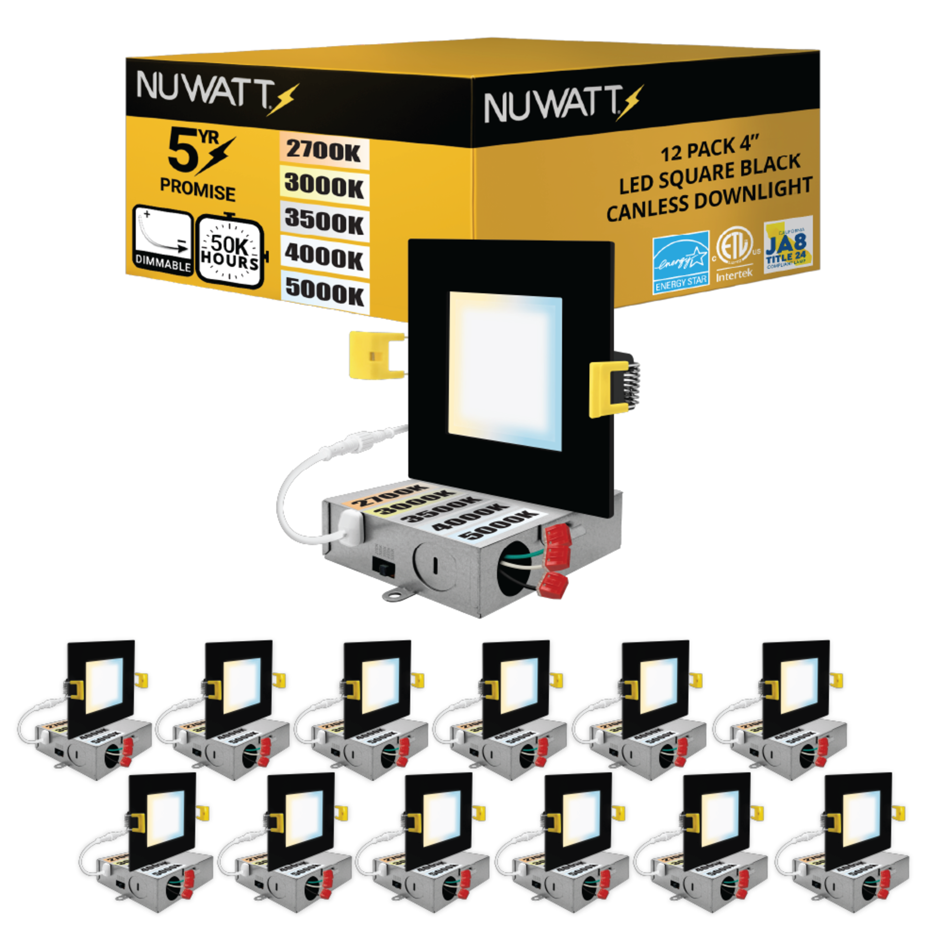 4 in. Slim Canless Square LED Recessed Light 12W 5CCT Dimmable IC Rated 550LM Black Trim 12PK