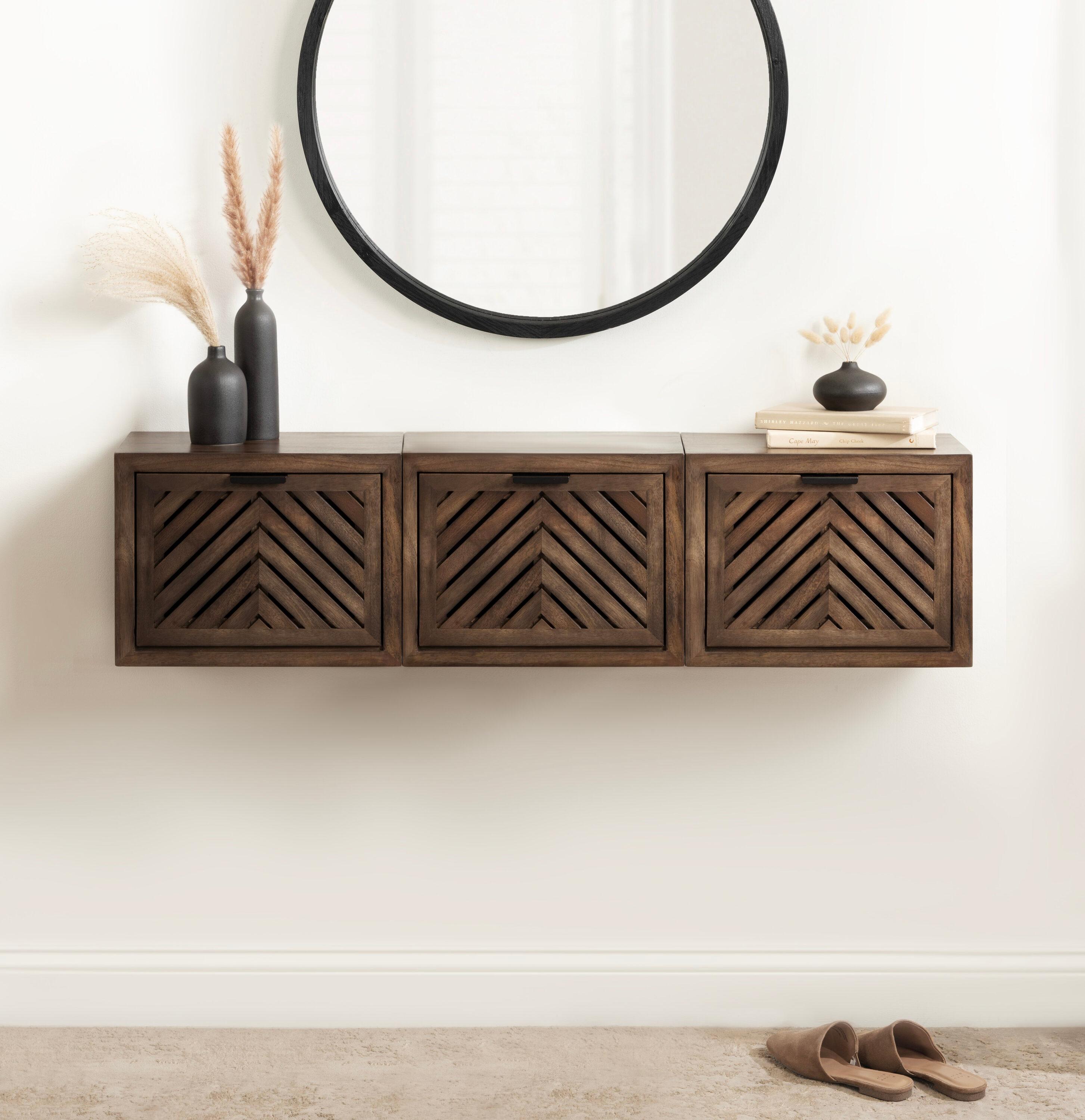 Kate and Laurel Mezzeta Modern Floating Shelf Side Table with Storage Cubby, 16 x 10 x 12, Natural Wood, Decorative Slatted Wood Floating Nightstand with Pull Down Door for Use as Bathroom Storage