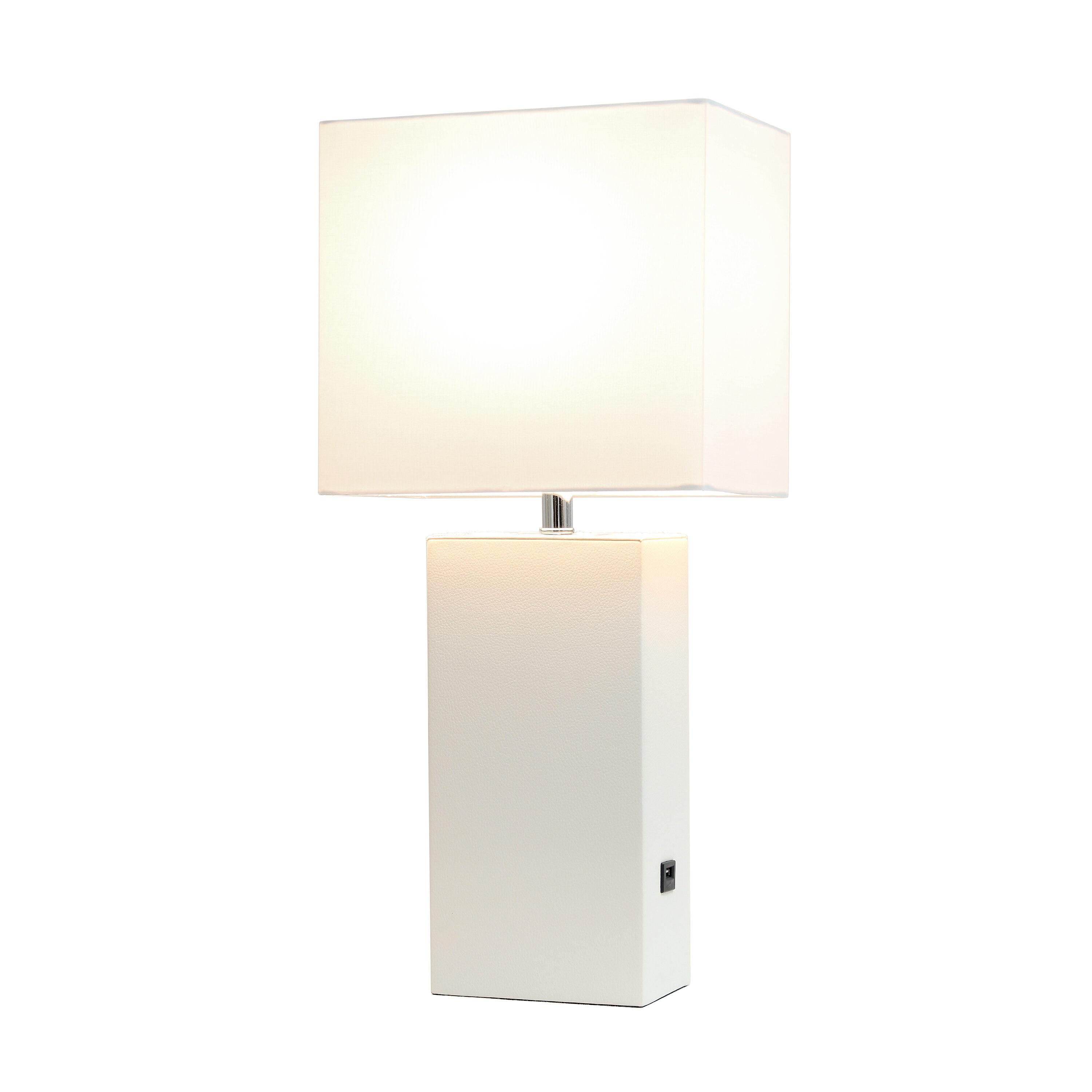 Lalia Home 21" Lexington Leather Base Modern Home Decor Bedside Table Lamp with USB Charging Port White : Fabric Shade