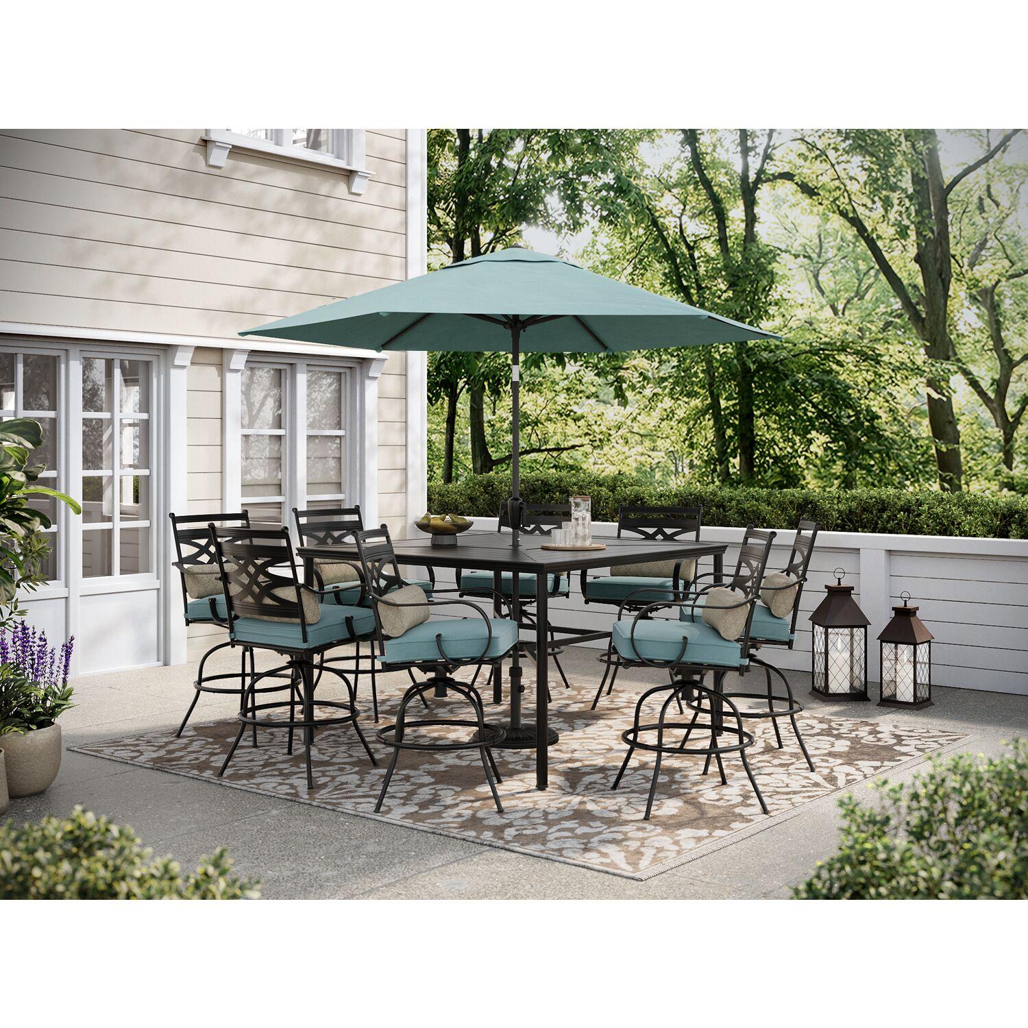 Hanover Montclair 9-Piece High-Dining Set in Ocean Blue with 8 Counter-Height Swivel Chairs and 60-Inch Square Table