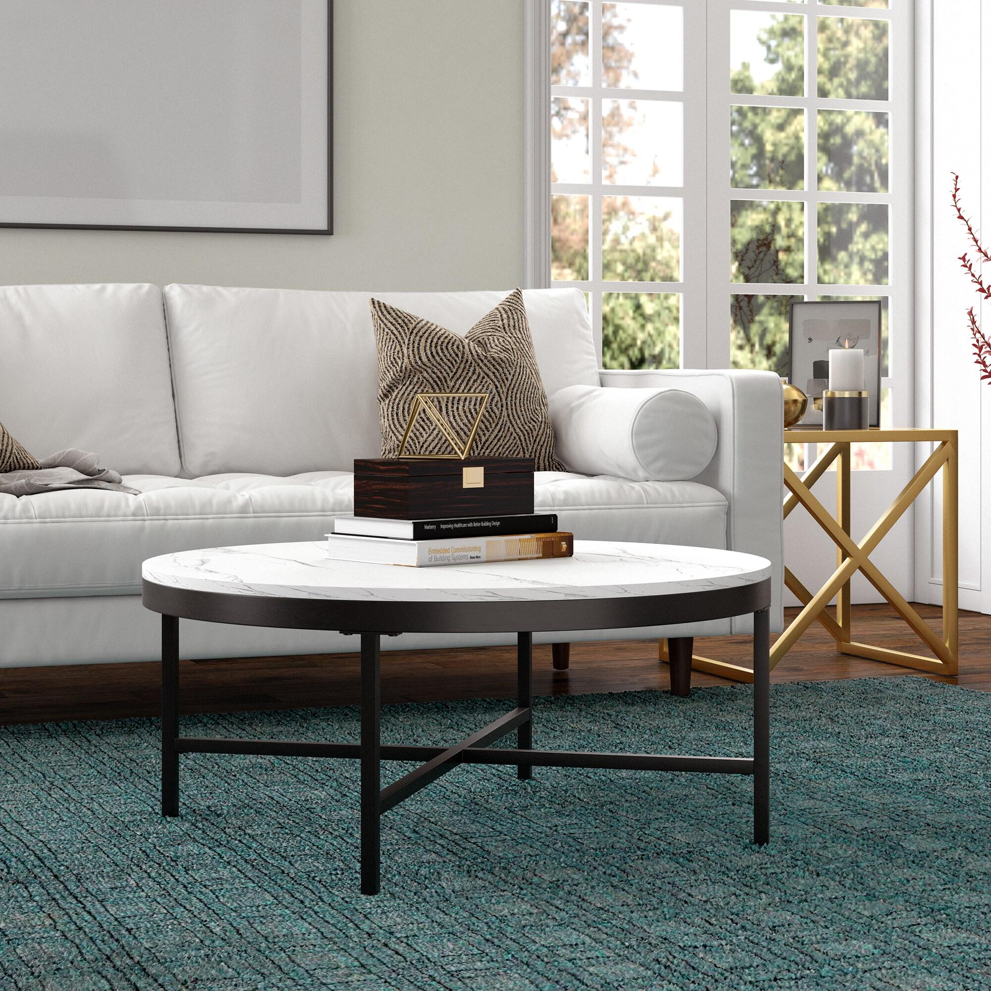 Evelyn&Zoe Xivil 36" Wide Round Coffee Table with Faux Marble Top in Blackened Bronze/Faux Marble