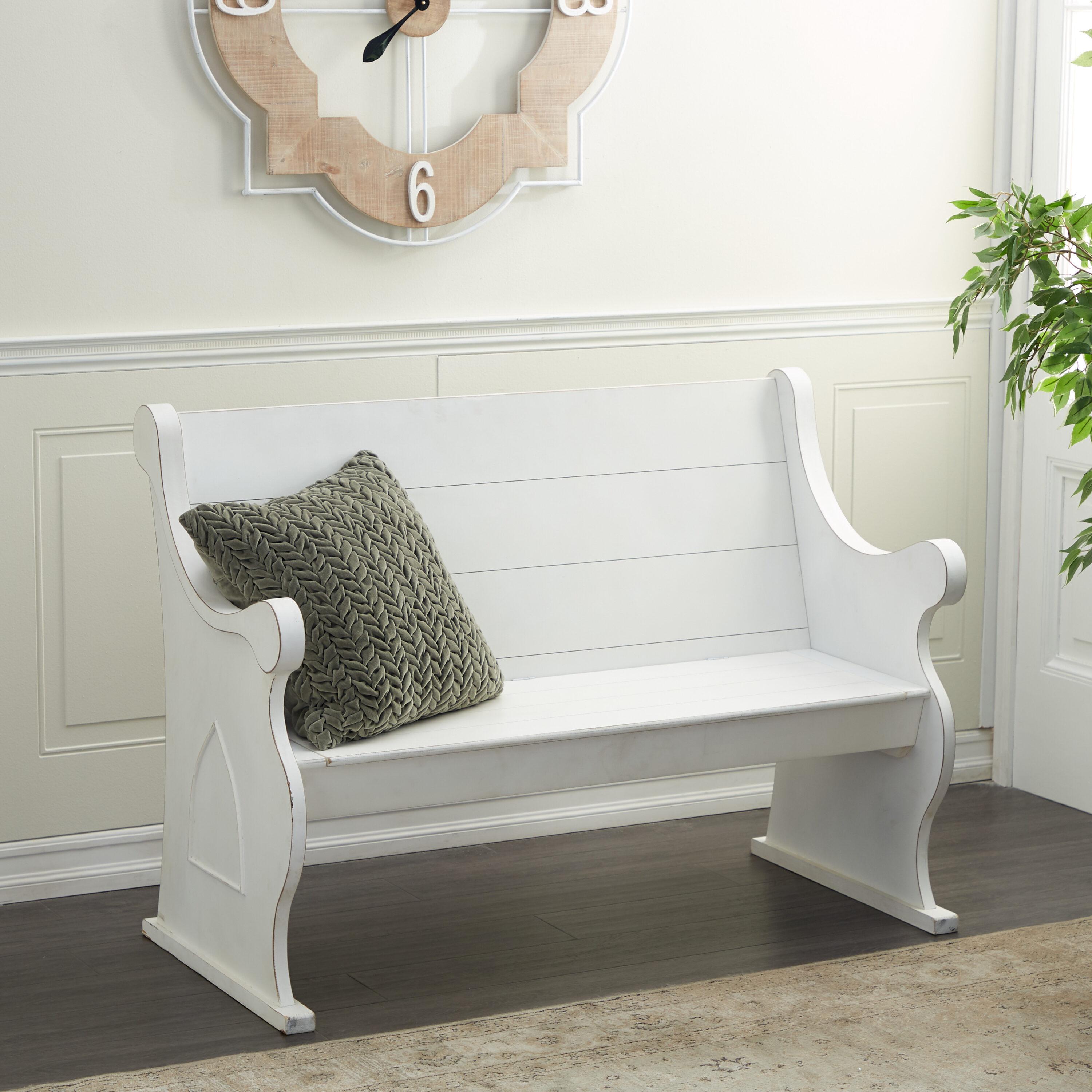 DecMode Wood Storage Bench with Scrolled Armrests, White