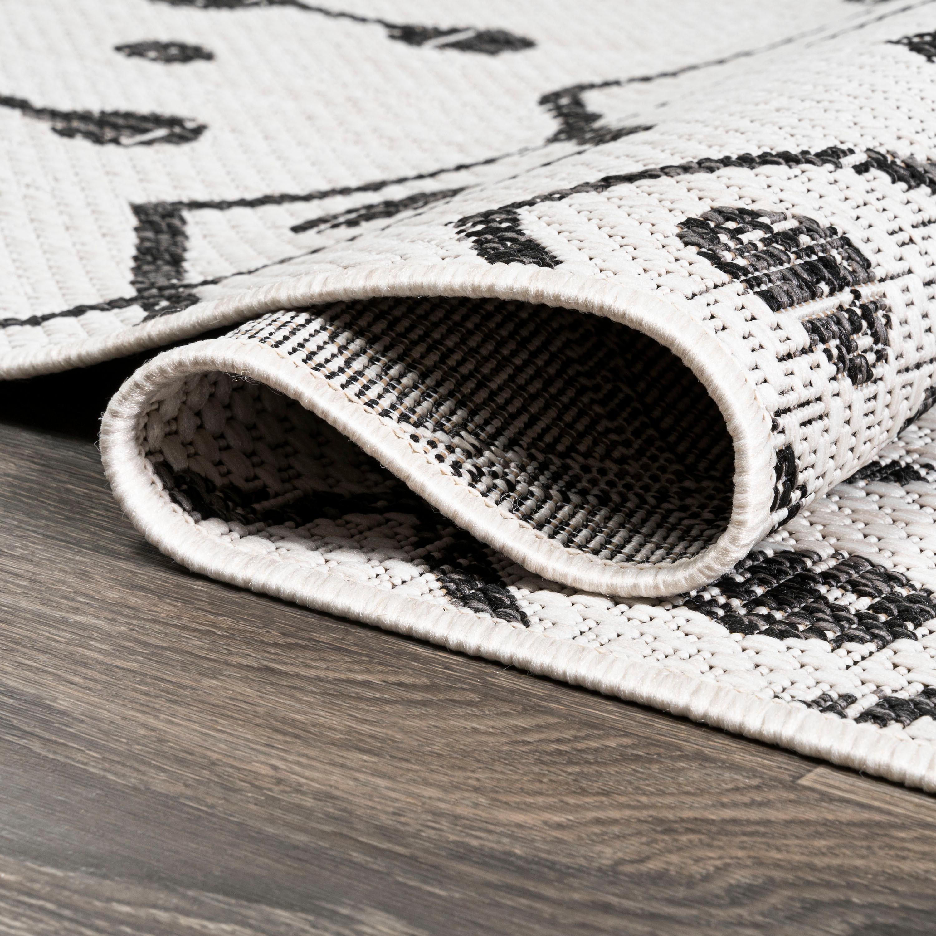 2'x10' Nokat Modern Bohemian Styled Indoor/Outdoor Runner Rug, Ivory/Black - JONATHAN Y