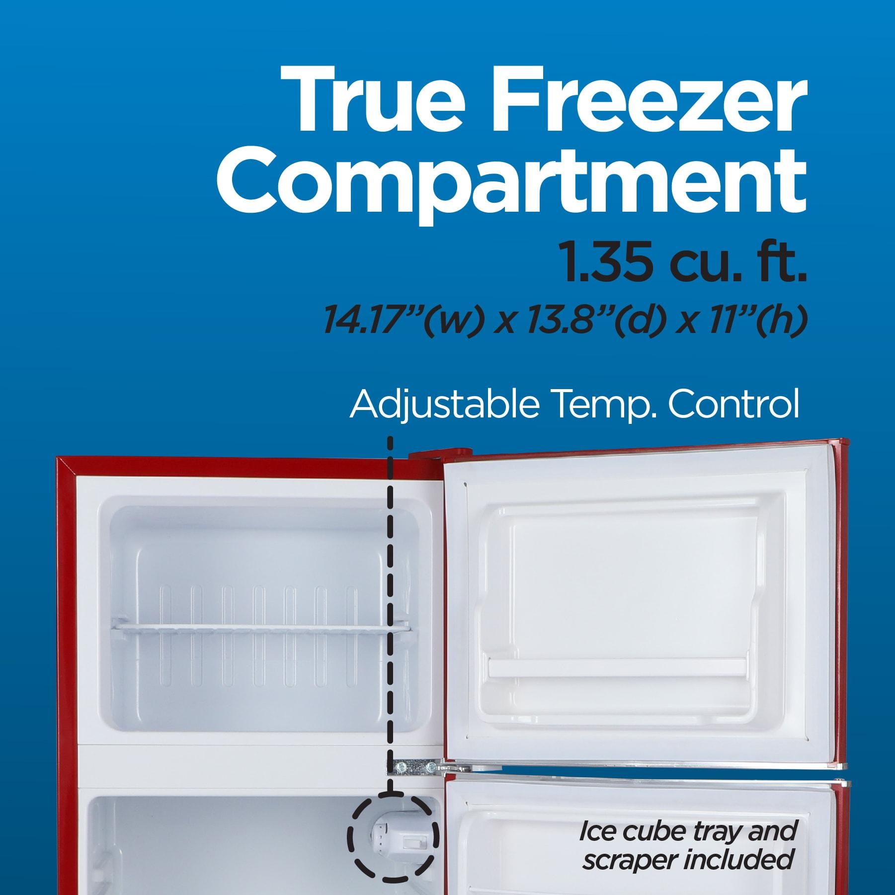 Retro Red Compact Refrigerator with True Freezer and Chrome Handles