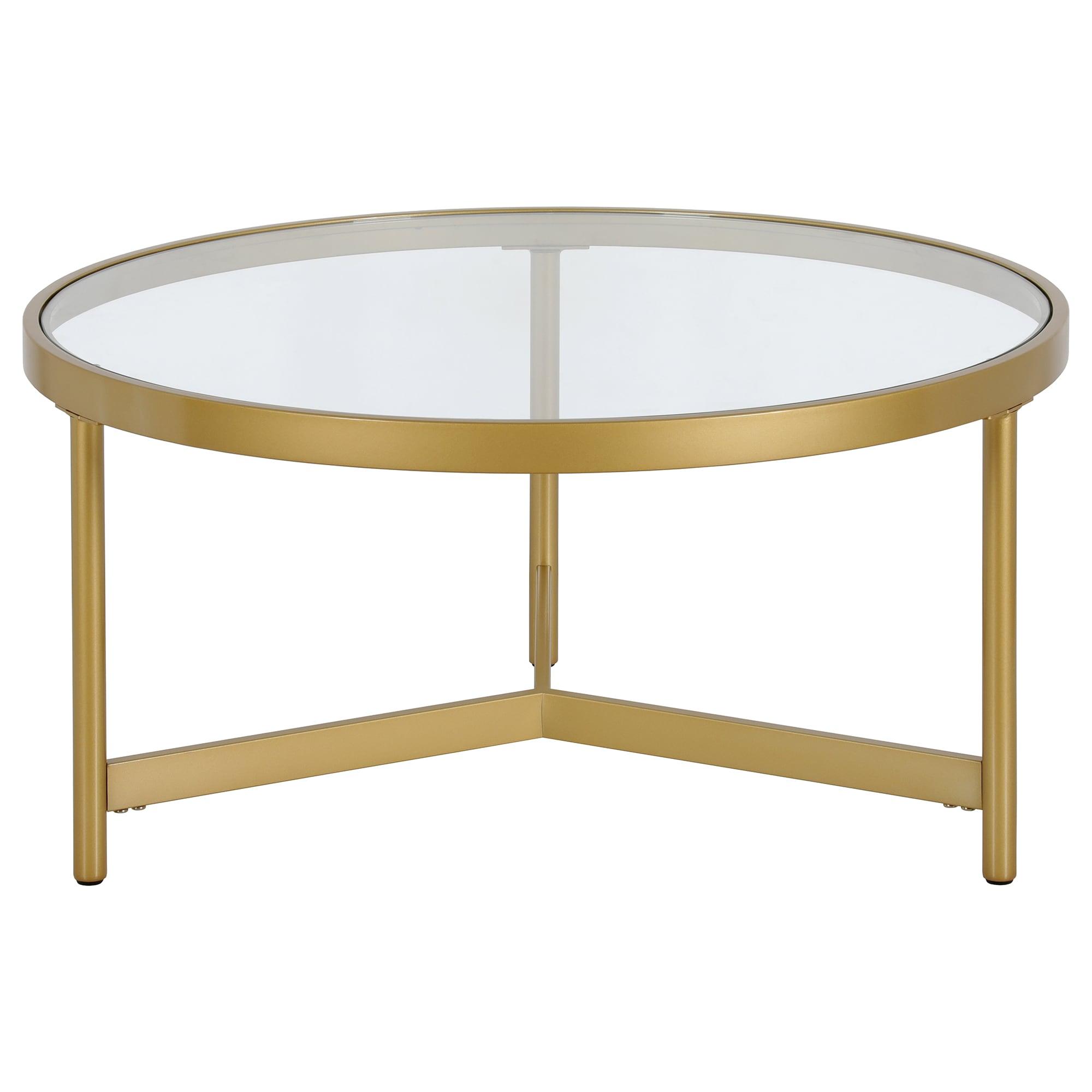 Evelyn&Zoe Yara 32" Wide Round Coffee Table with Glass Top, Brass