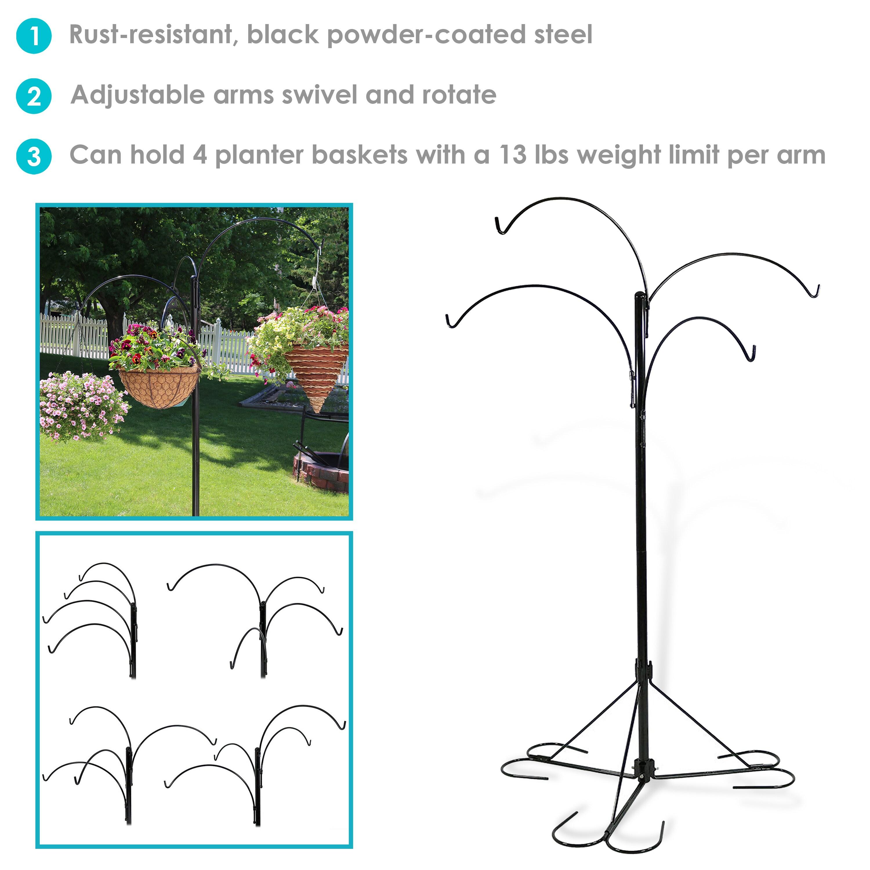 Sunnydaze 4-Arm Garden Hanging Basket Flower Plant Stand with Adjustable Arms - 84" - Black