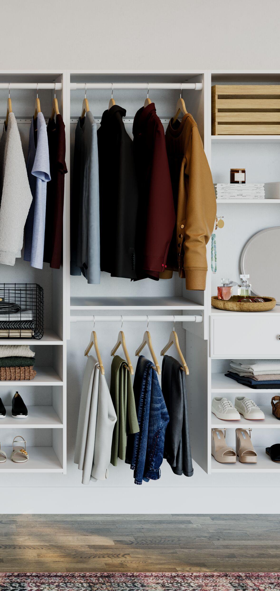 White Composite Wood Double Hanging Closet Organizer with Shelves
