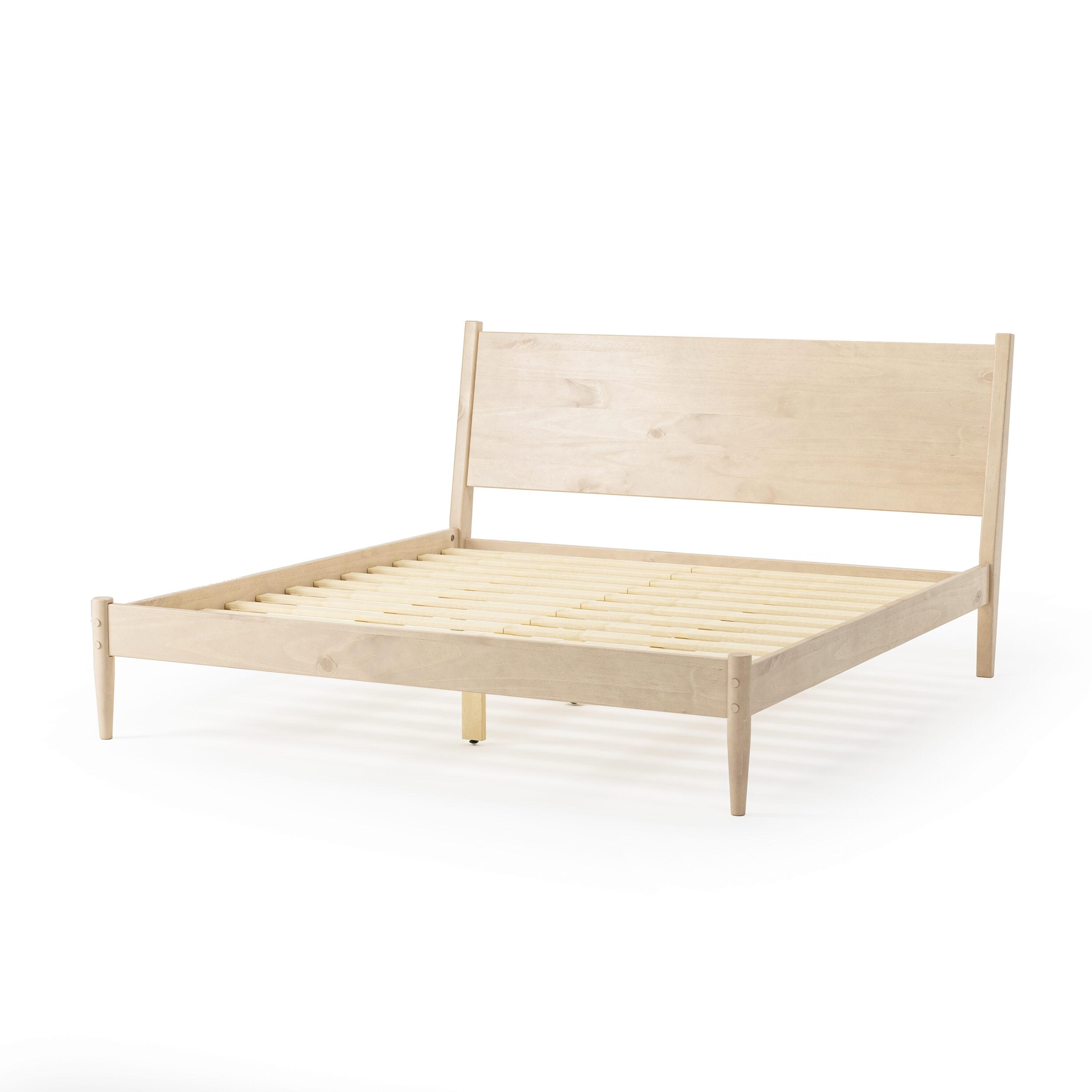 Mid-Century Light Oak King Pine Wood Upholstered Platform Bed