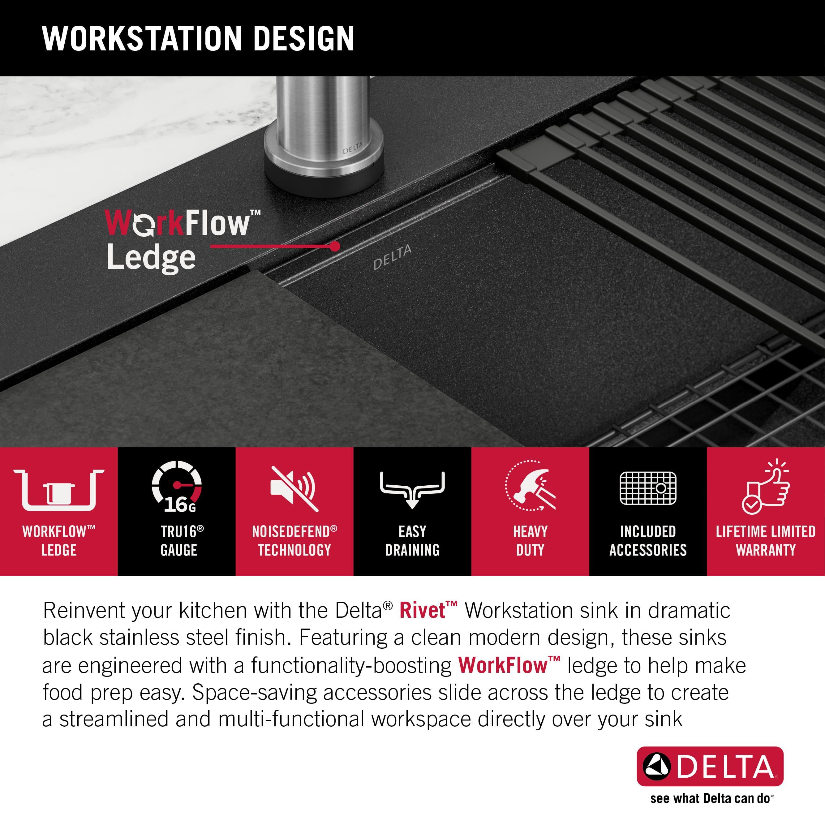 Delta Rivet™ Black Stainless Steel Drop-In Top Mount 16 Gauge Workstation Kitchen Sink Single Bowl