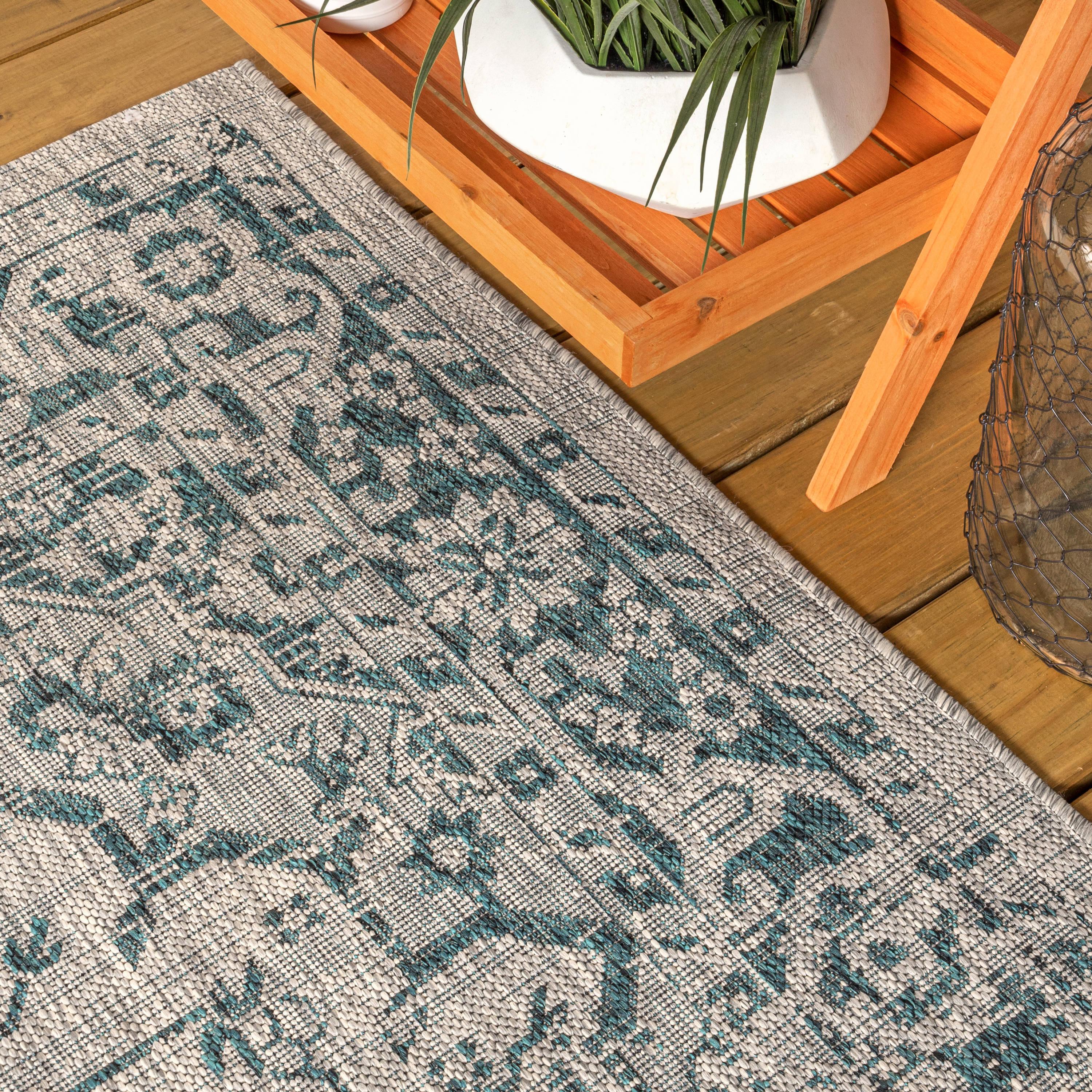 5' Square Rozetta Boho Medallion Textured Weave Indoor/Outdoor Area Rug, Gray/Teal - JONATHAN Y