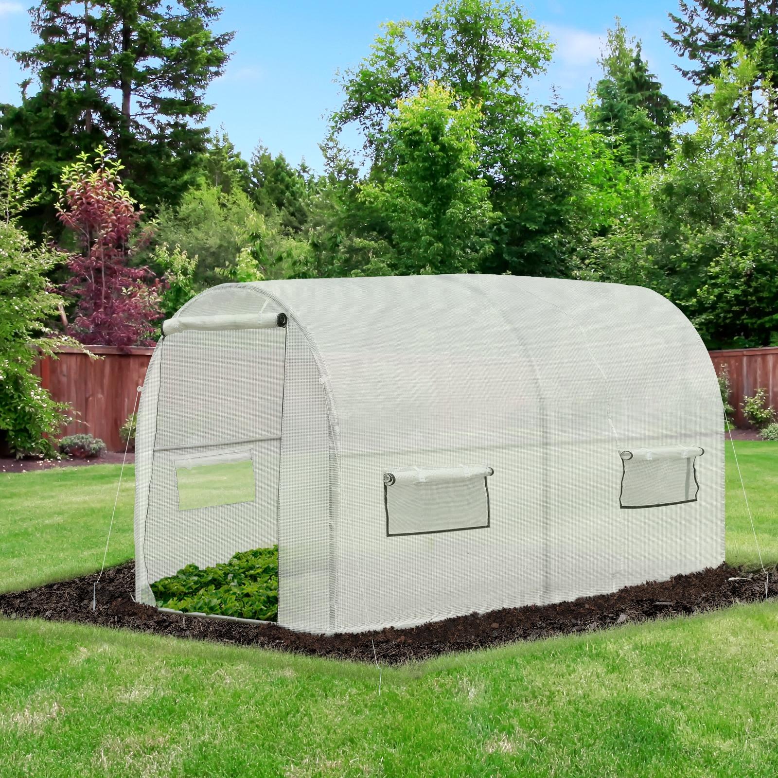 Outsunny 9.6' x 6.5' x 6.2' Walk-In PE Greenhouse with 2 Roll-up Zipper Doors & 6 Roll-up Windows for Plants, White