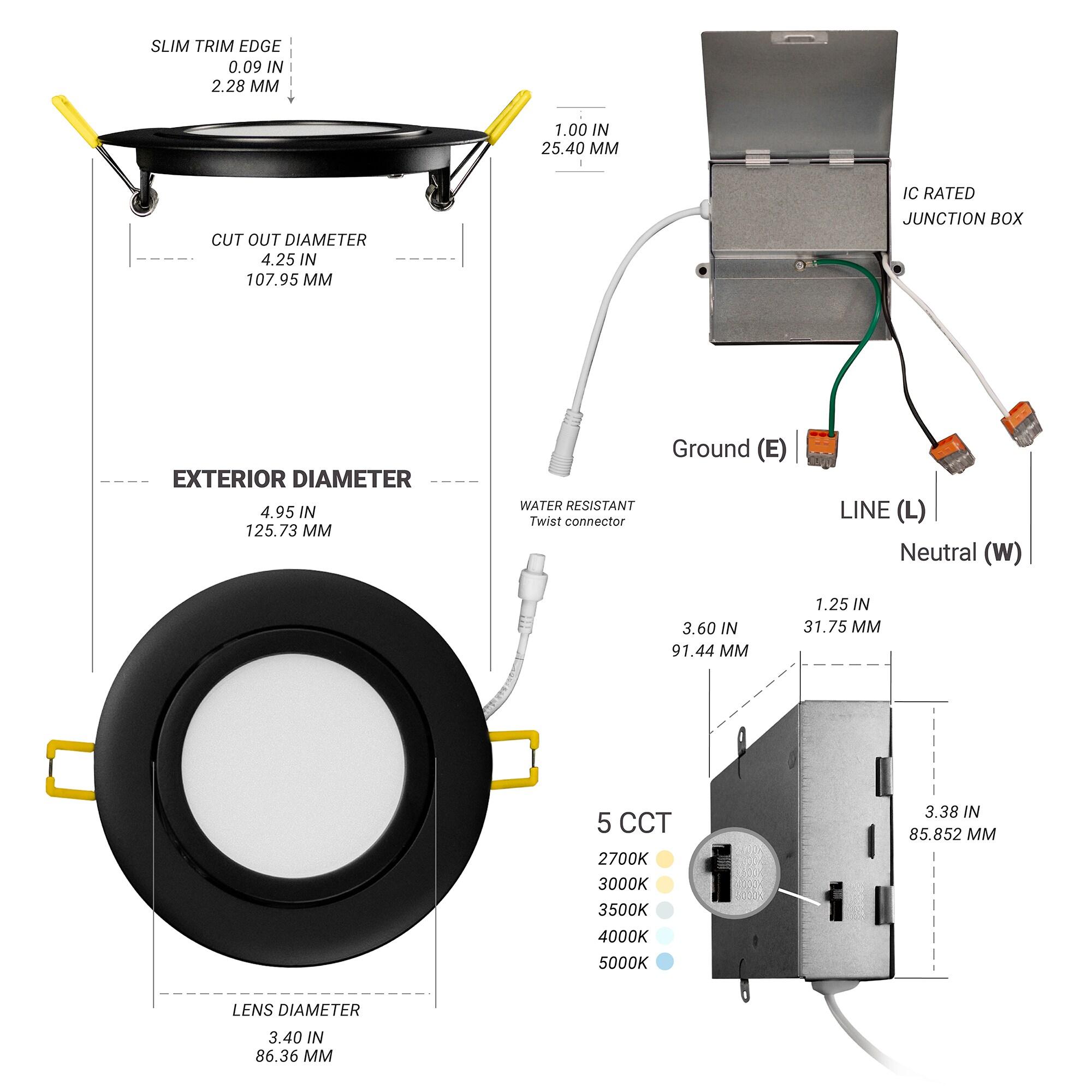 NuWatt 4 Inch Adjustable Recessed LED Ceiling Light,12 Pack 9W, Thin Fixture, 5CCT Selectable: 2700K-5000K, 630 lumens, 120V, Dimmable, IC Rated, w/ Junction Box, Black Trim