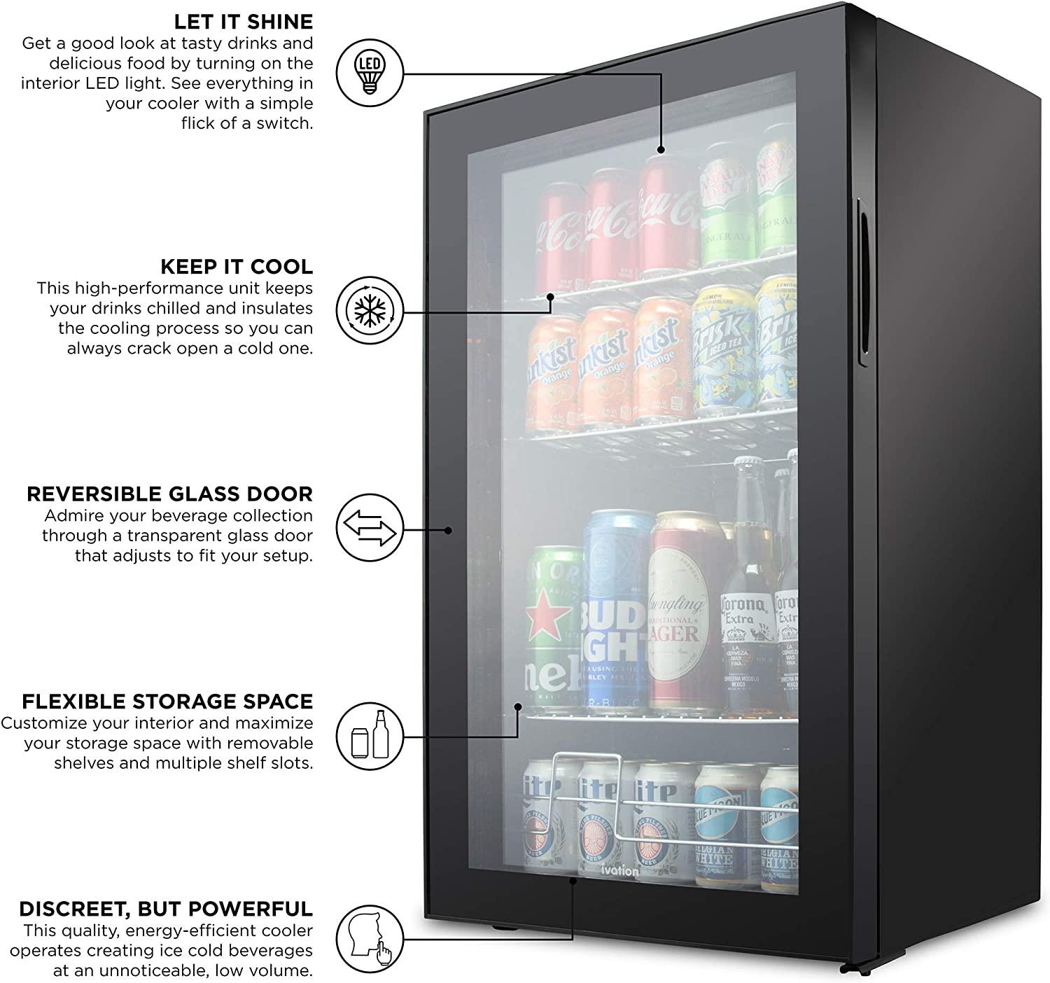 Ivation 126 Can Beverage Refrigerator, Freestanding Mini Fridge with Glass Door - Black