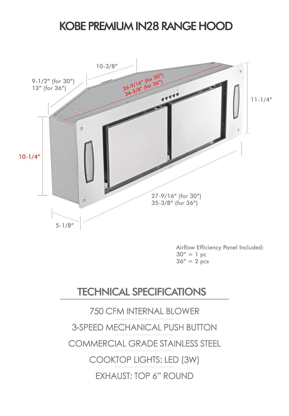 Kobe Range Hoods 30" Stainless Steel 750 CFM Ducted (Vented) Insert Range Hood with Panel Filter