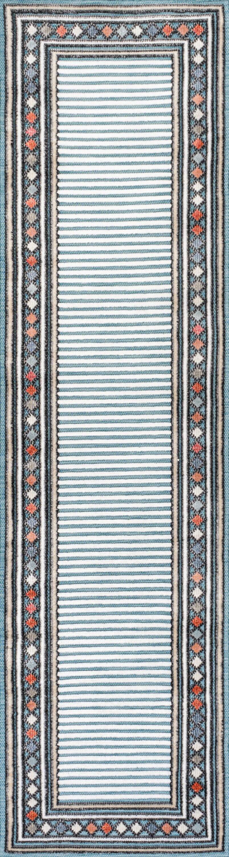 JONATHAN Y Sebastian High-Low Modern Diamond Border Blue/Ivory 2 ft. x 8 ft. Indoor/Outdoor Runner Rug